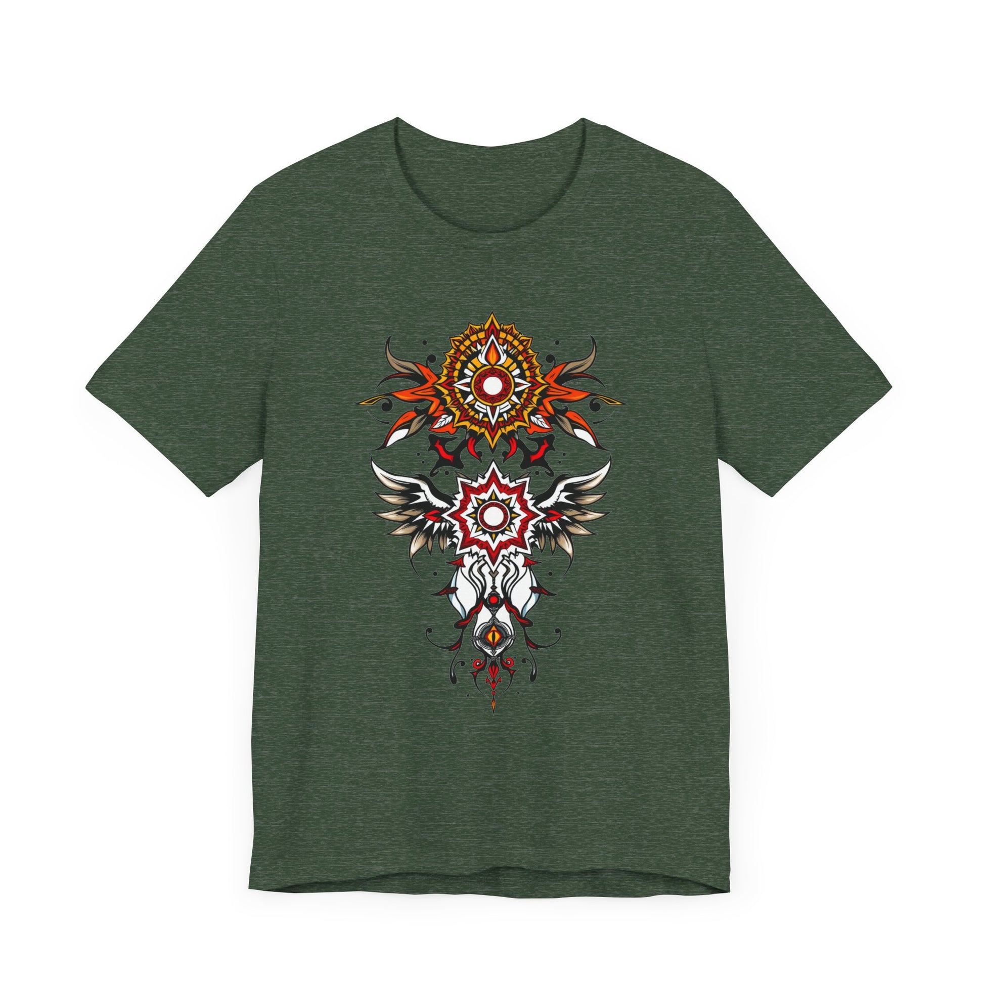 Turn heads in this tee, available in vibrant colors, showcasing a fiery red and gold tribal mandala for bold, artistic style