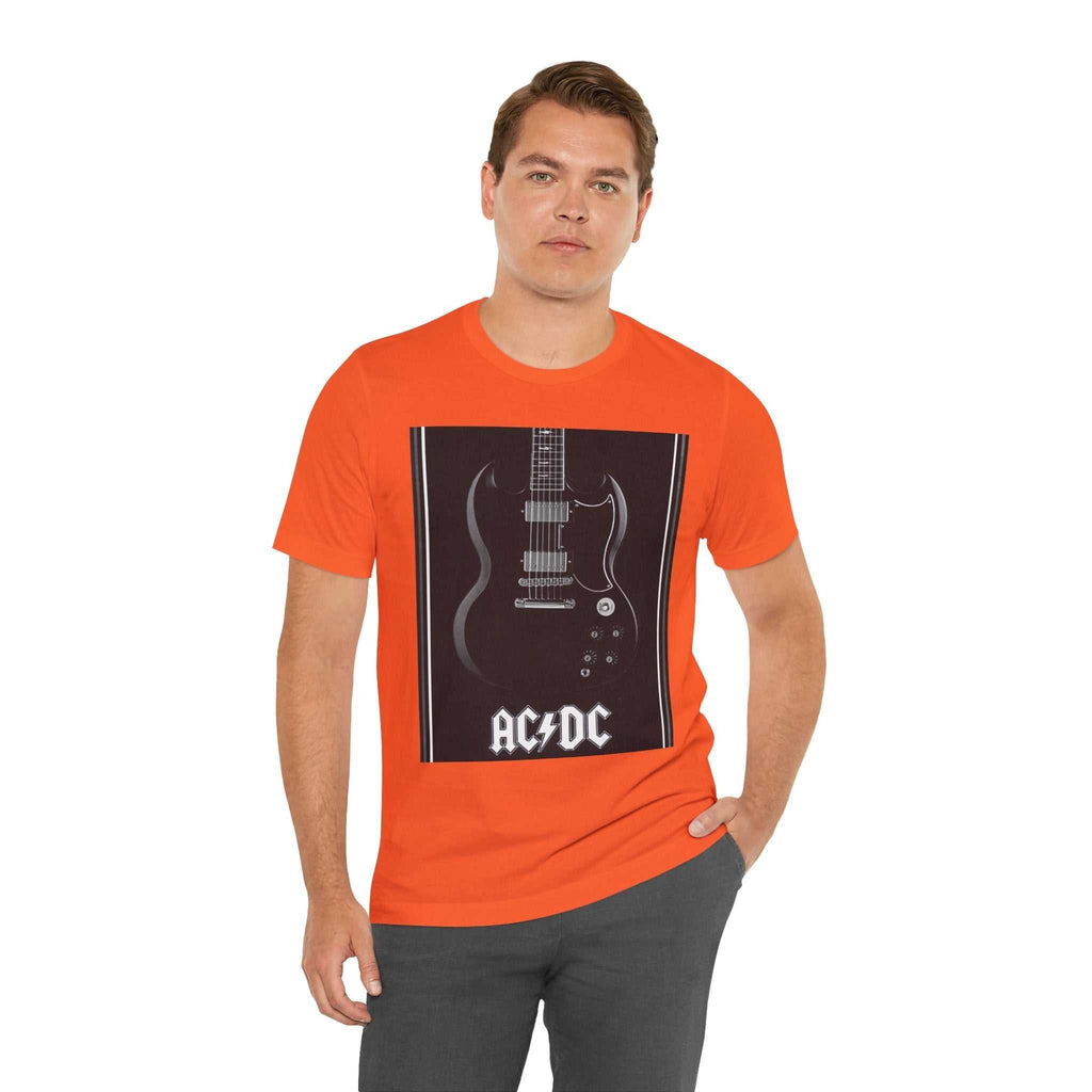 Man wearing orange rock guitar graphic tee with AC/DC design on front