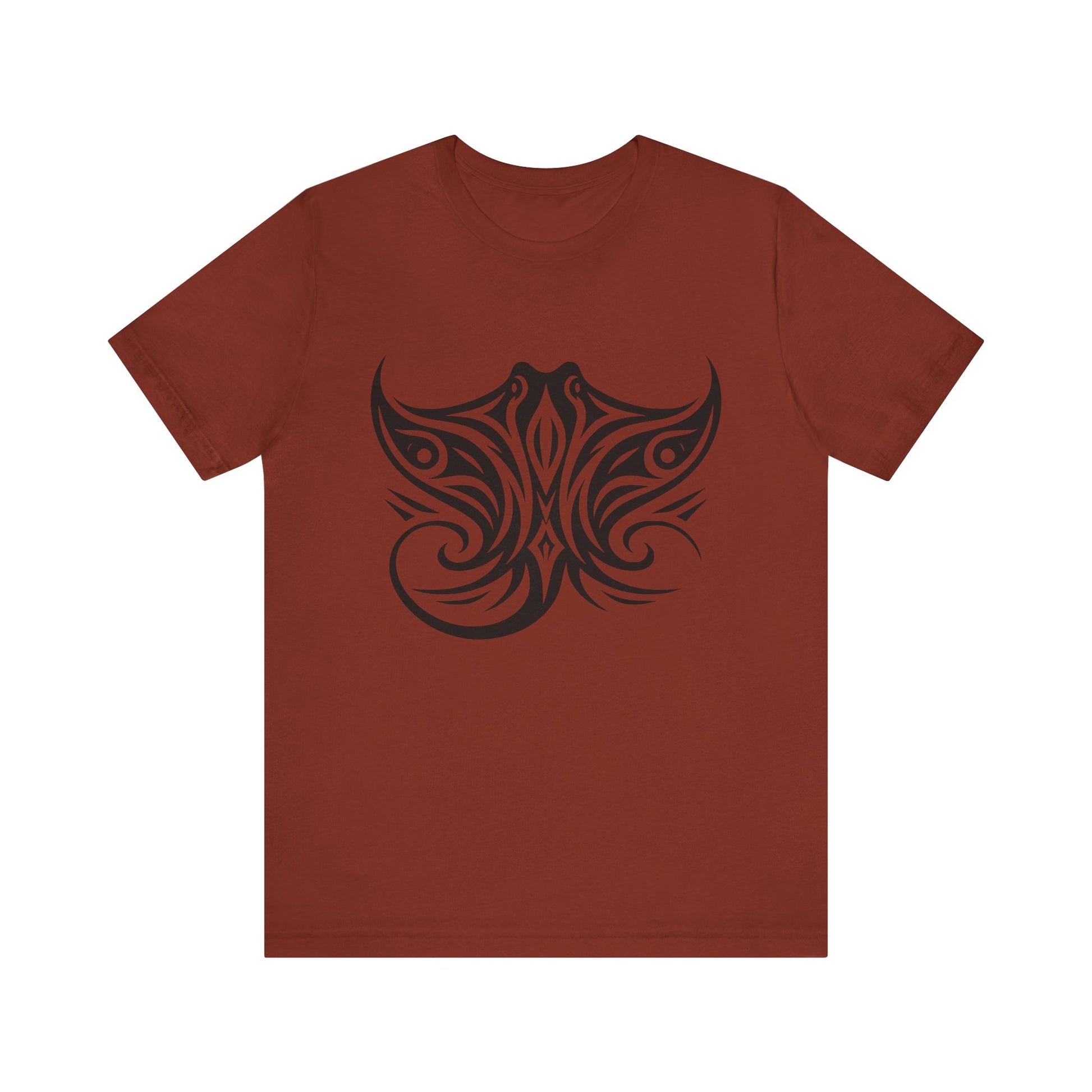 Tribal Manta Ray Tee – Bold Ocean Spirit Art on Sand-Colored Shirt