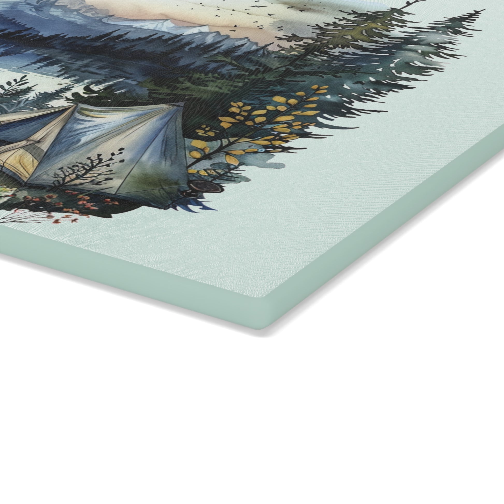 Blue Forest Campfire Cutting Board – Scenic Mountain Lake Kitchen Decor