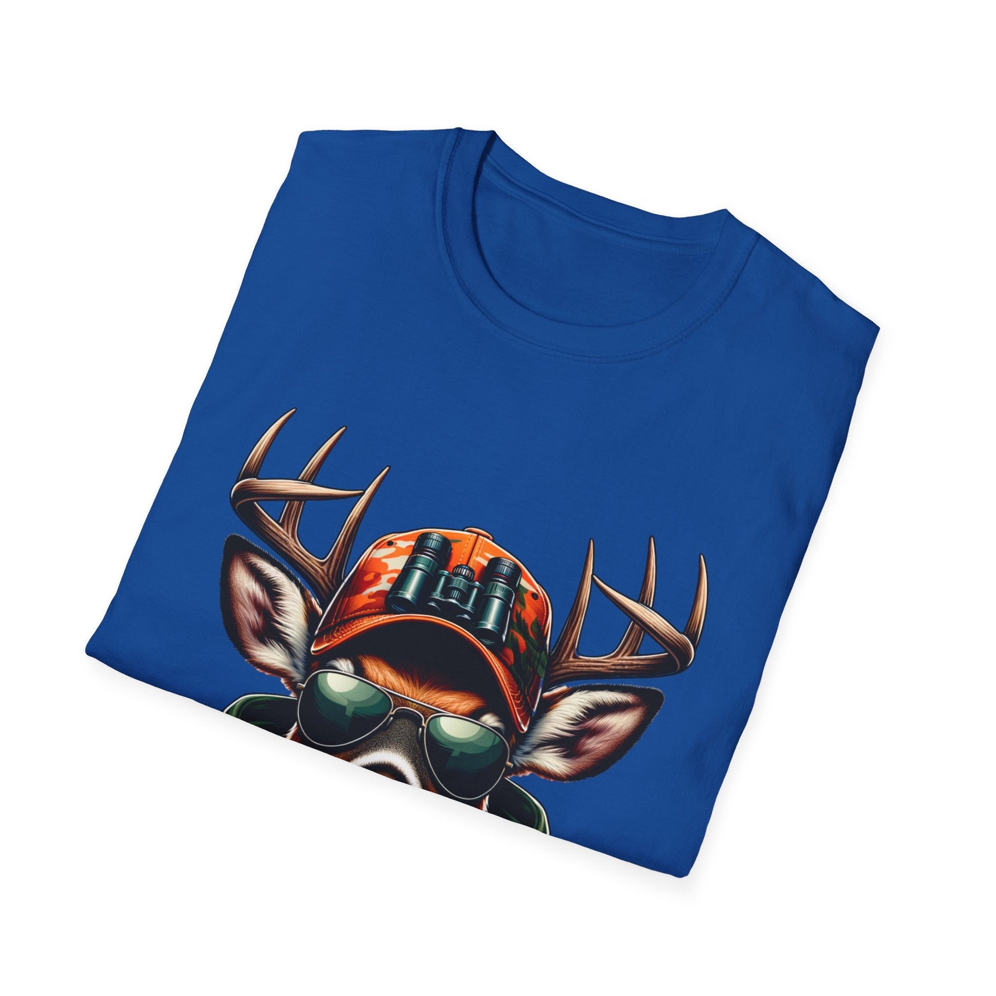 Blue Hunting Enthusiast T-Shirt featuring a deer with antlers wearing sunglasses and a camo hat with binoculars graphic design