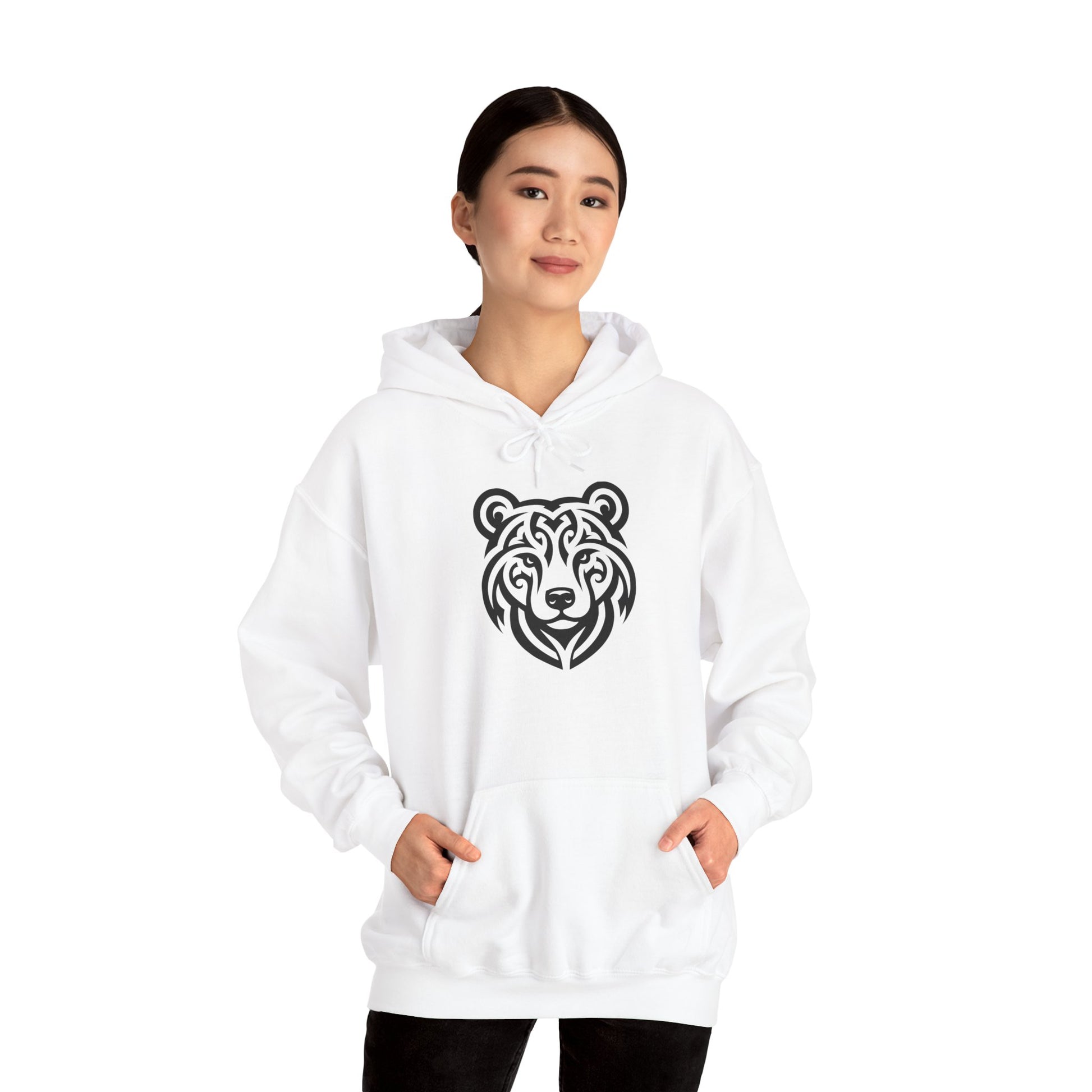 Tribal Bear Hoodie – Fierce Wilderness Style in Bold Black on White