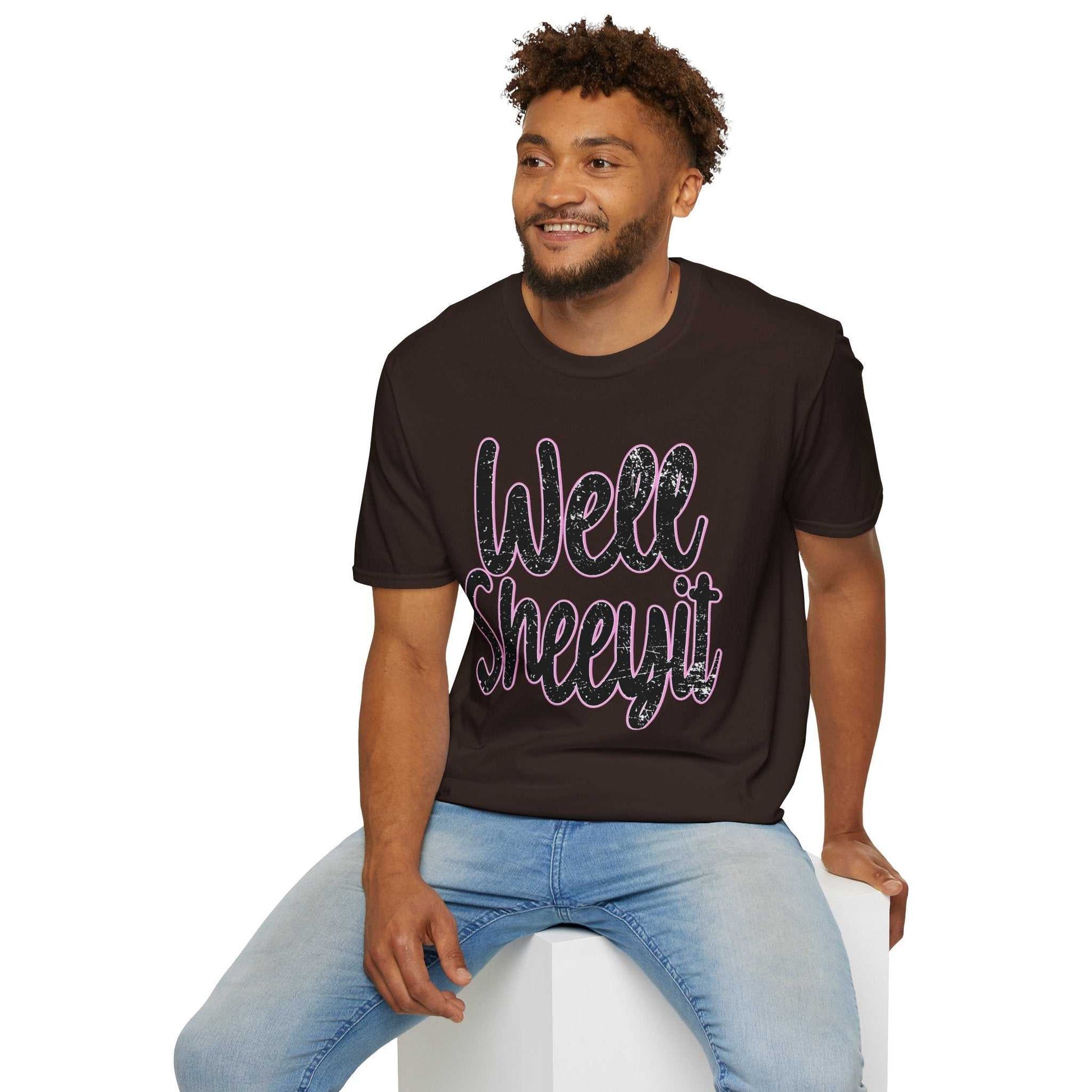 Man wearing black casual statement tee with "Well Sheeyit" funny quote printed, paired with light blue jeans.