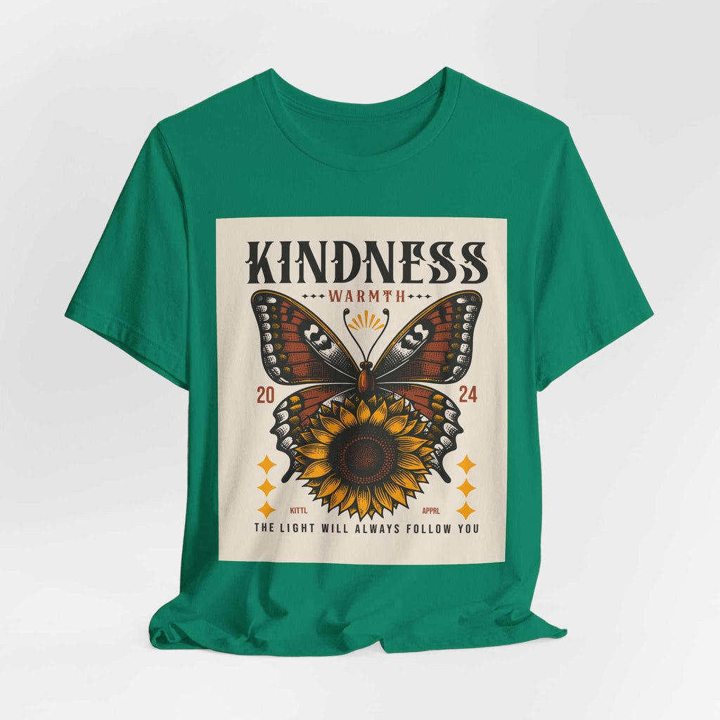 Green Kindness Butterfly Tee featuring a butterfly and sunflower graphic with inspirational text on front
