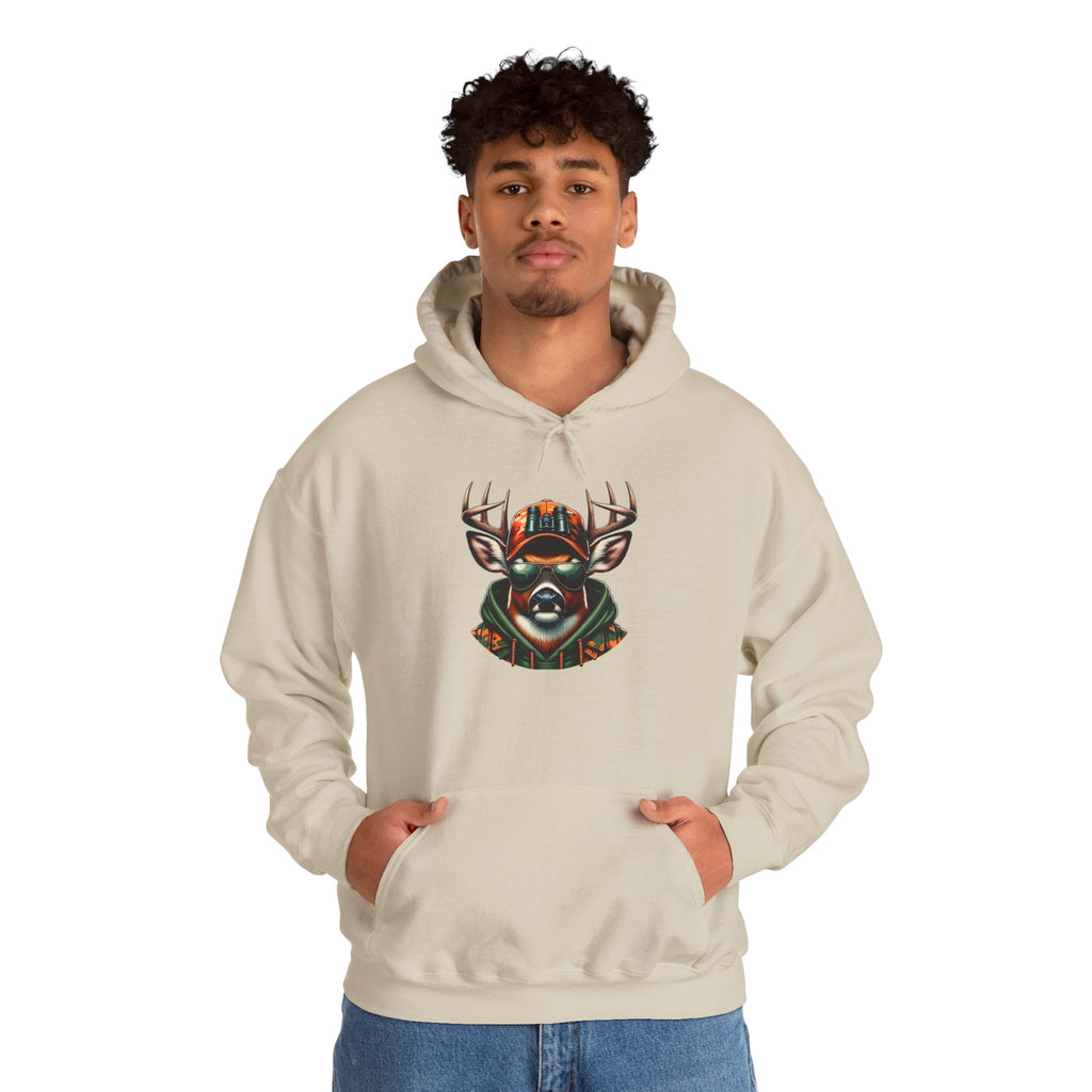 Man wearing beige hooded sweatshirt with bold colorful deer graphic on front and kangaroo pocket