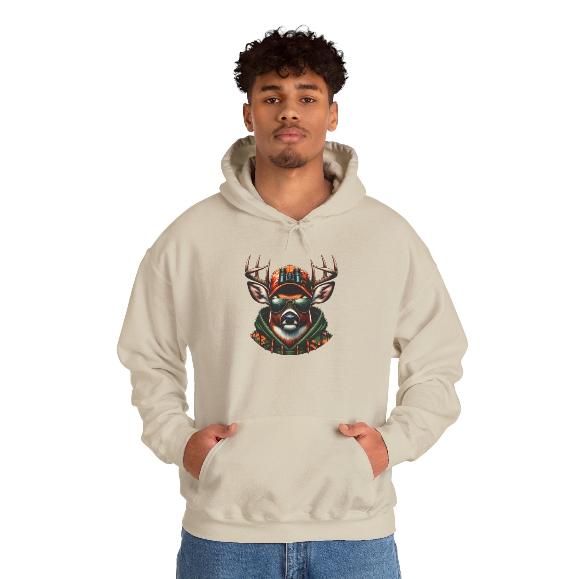 Man wearing beige hooded sweatshirt with bold colorful deer graphic on front and kangaroo pocket