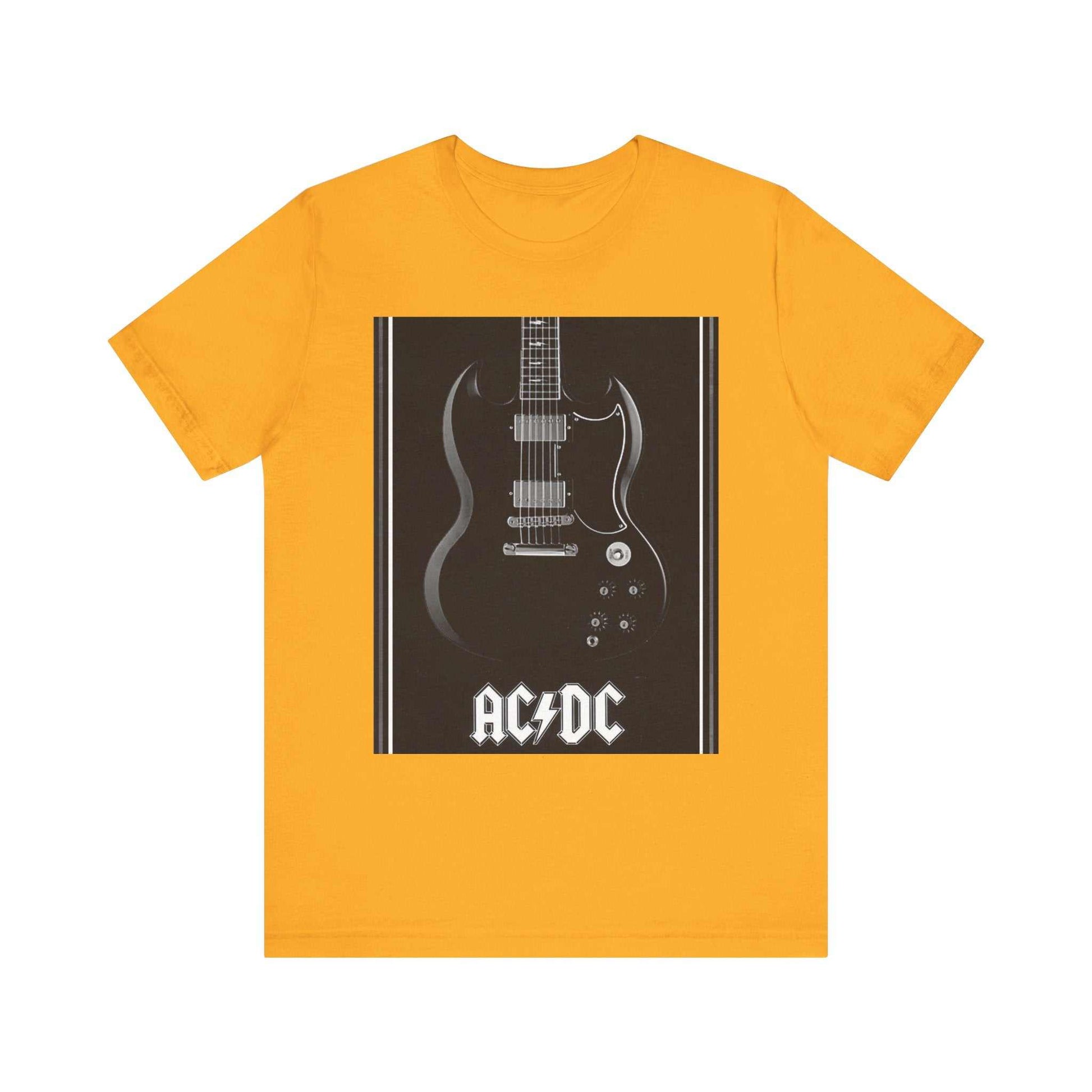 Unisex yellow rock guitar graphic tee with AC/DC design and classic crew neck.
