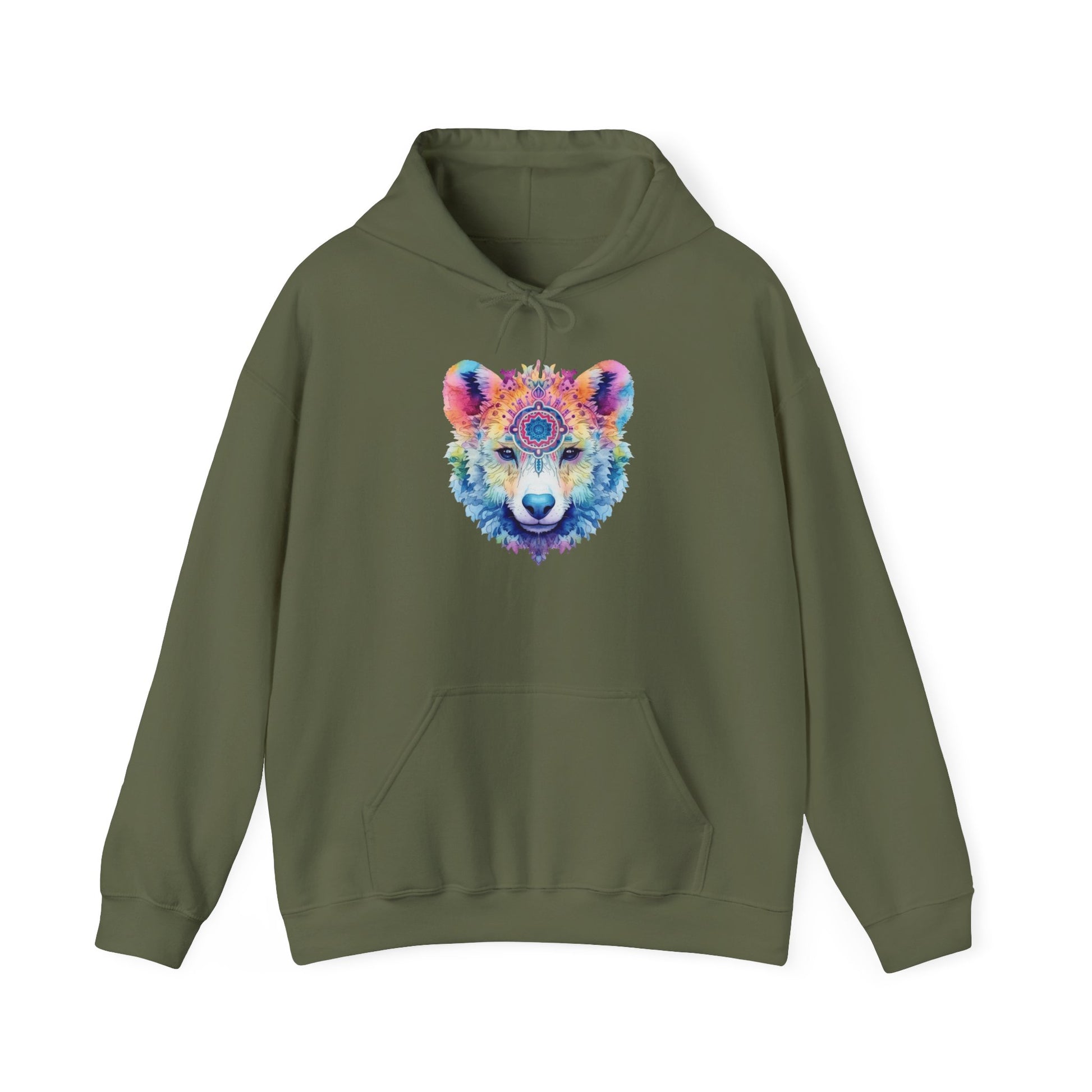 Mandala Bear Hoodie – Vibrant Watercolor Animal Art Sweatshirt for Bold, Free-Spirited Souls