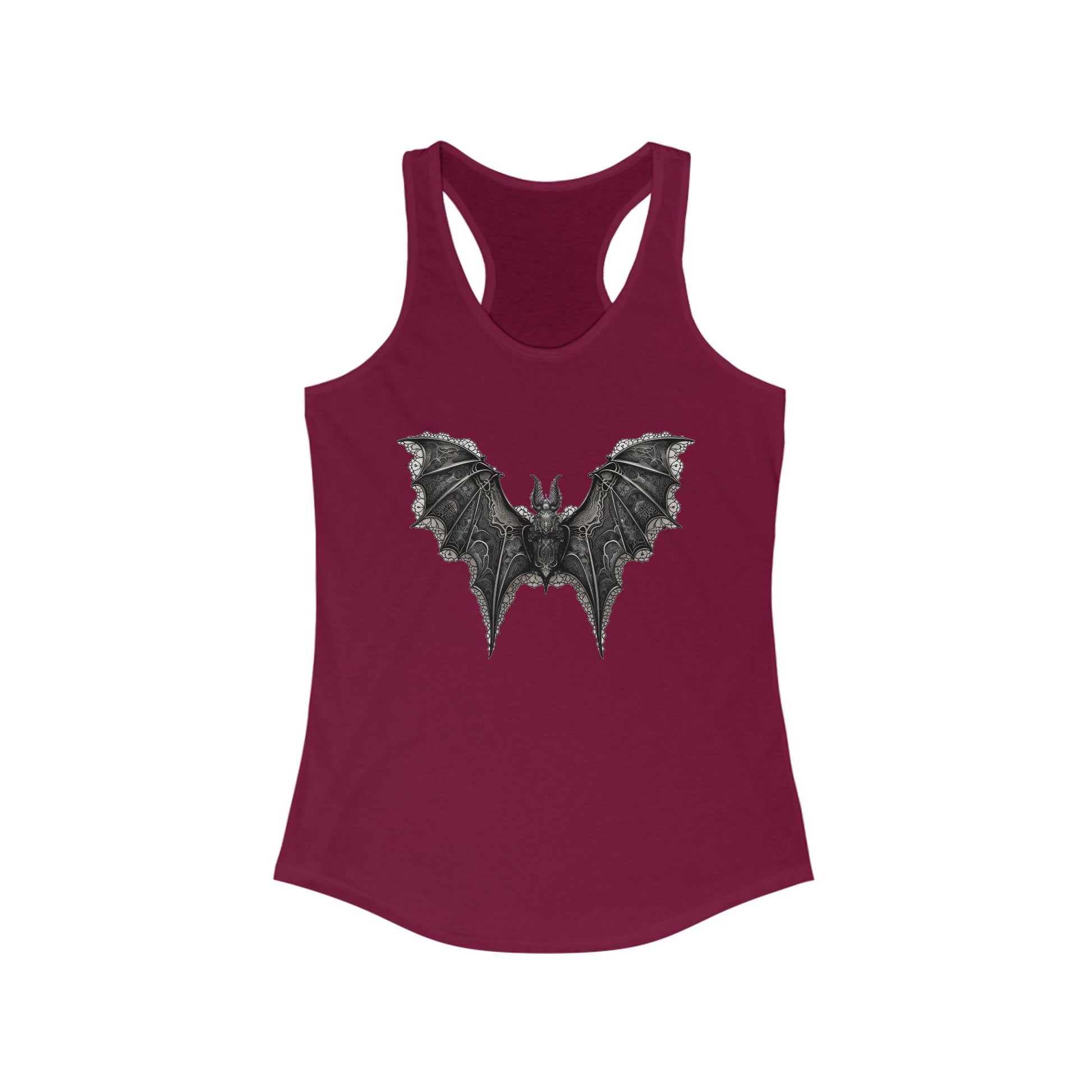 Racerback tank with an ornate black bat design for bold, gothic-chic style