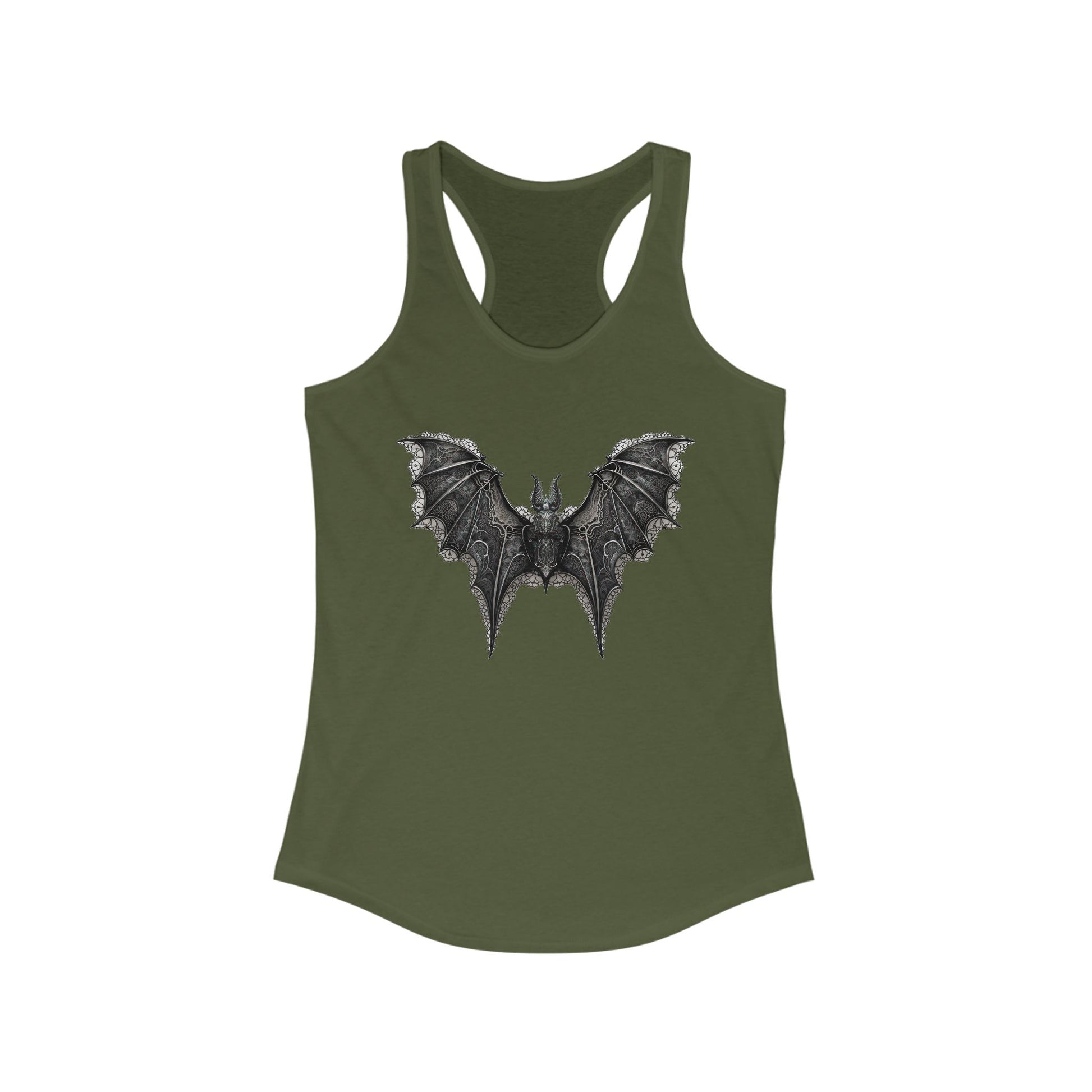 Racerback tank with an ornate black bat design for bold, gothic-chic style