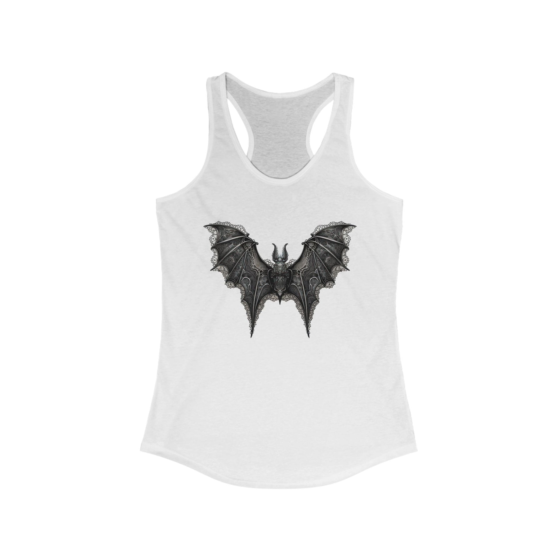 Racerback tank with an ornate black bat design for bold, gothic-chic style