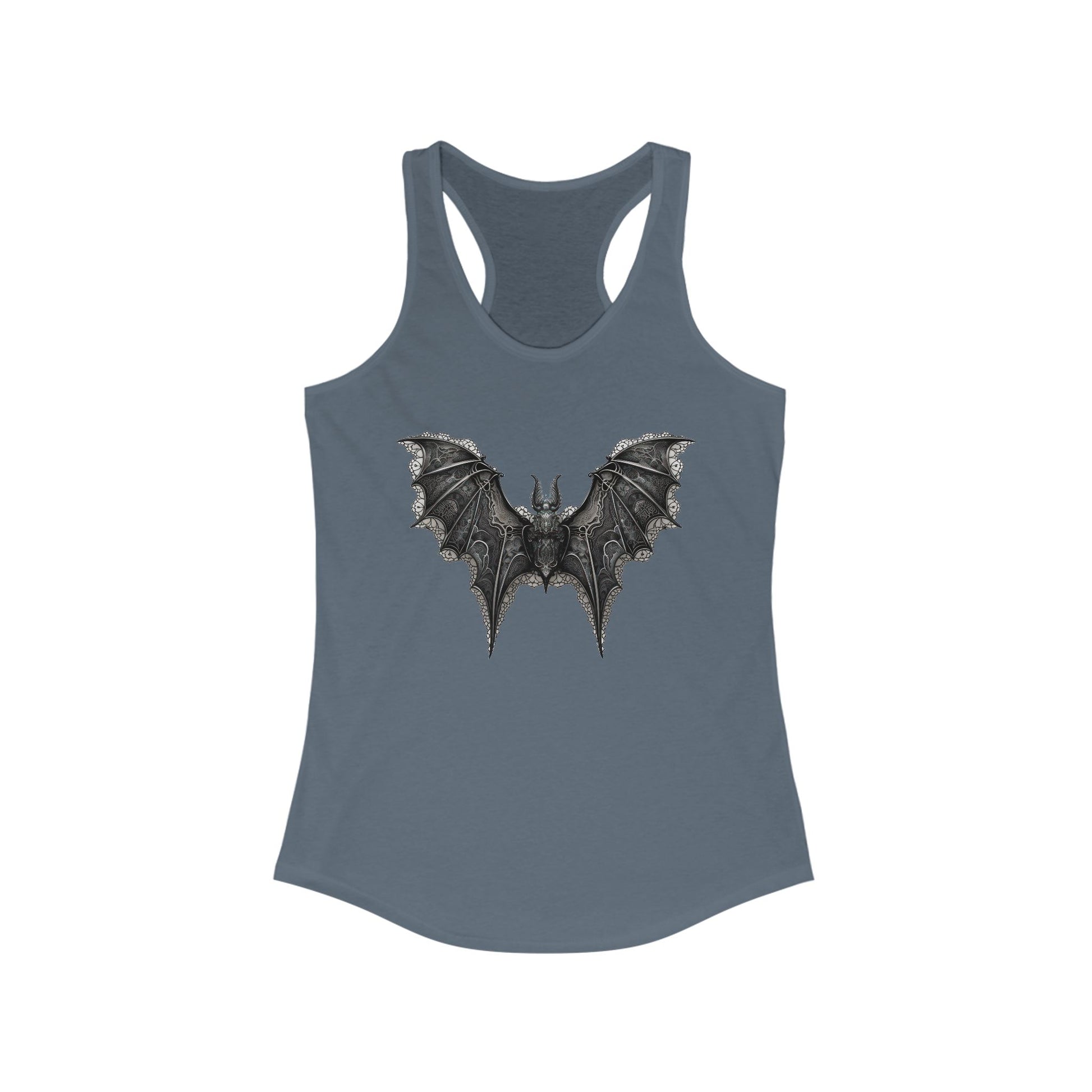 Racerback tank with an ornate black bat design for bold, gothic-chic style