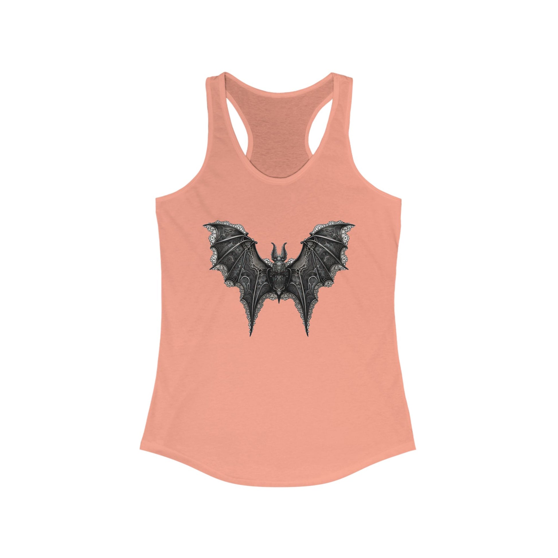 Racerback tank with an ornate black bat design for bold, gothic-chic style