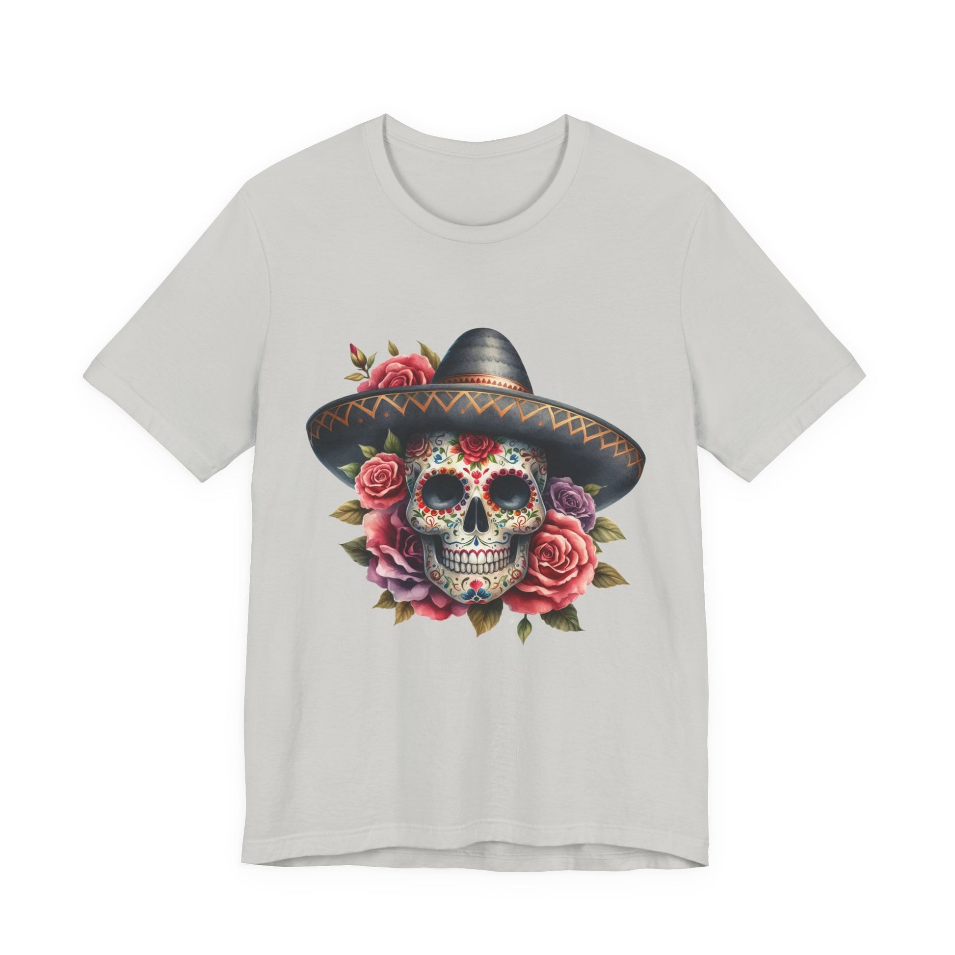 Colorful tee featuring a sugar skull in sombrero and roses for vibrant fiesta vibes