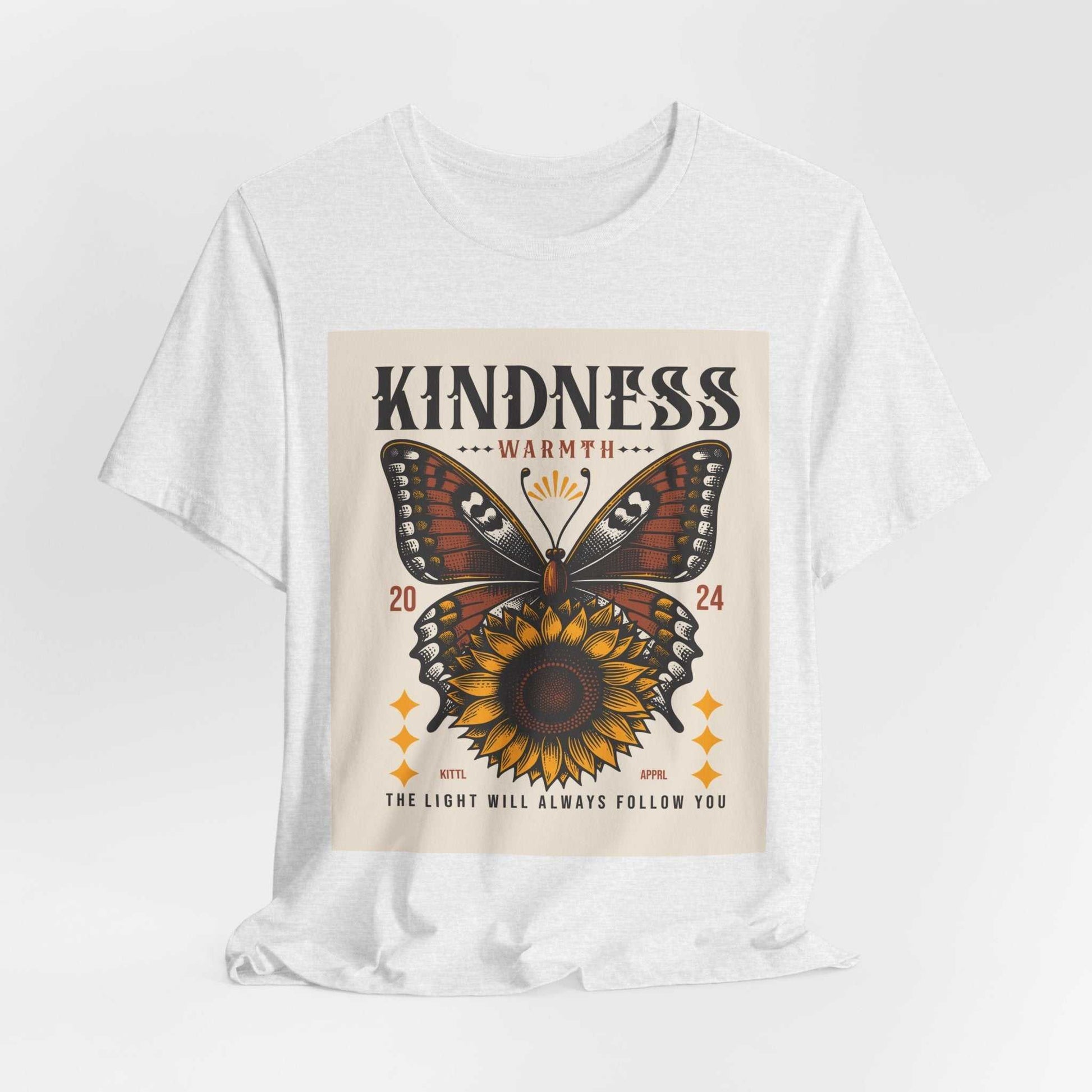 White Kindness Butterfly Tee with sunflower and butterfly graphic design promoting warmth and positivity.