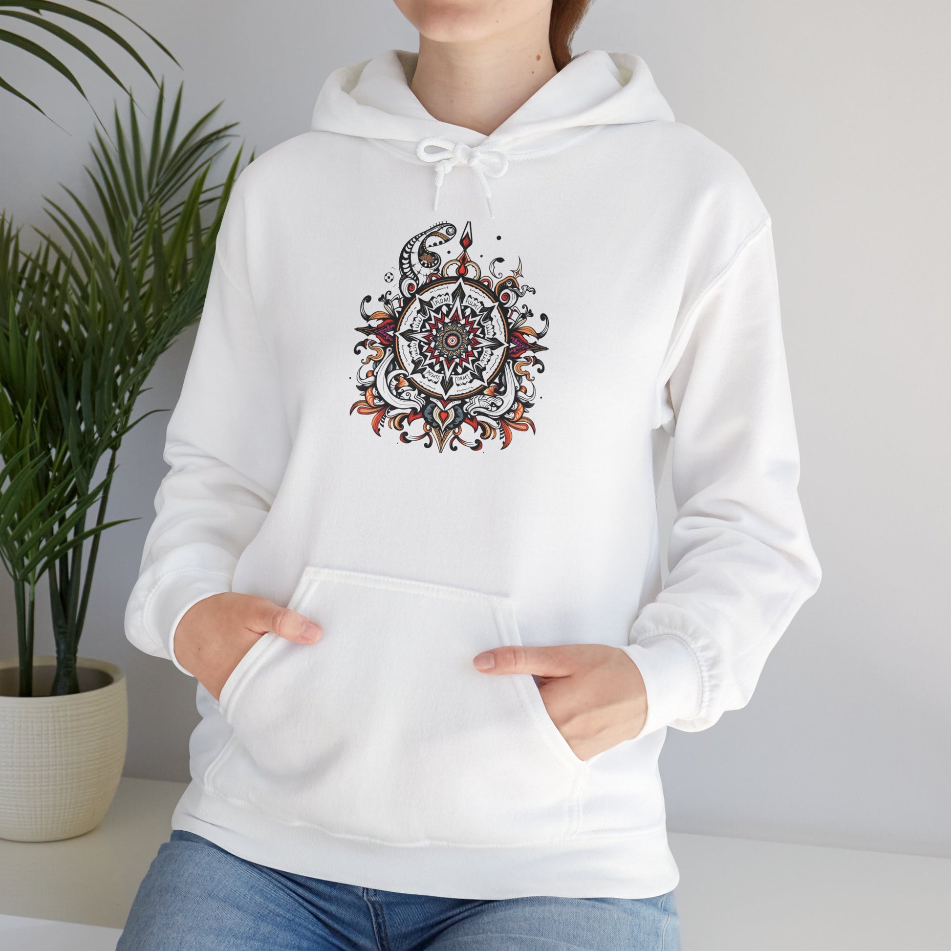 Cozy hoodie featuring a striking black, red, and white mandala, offered in vibrant color choices