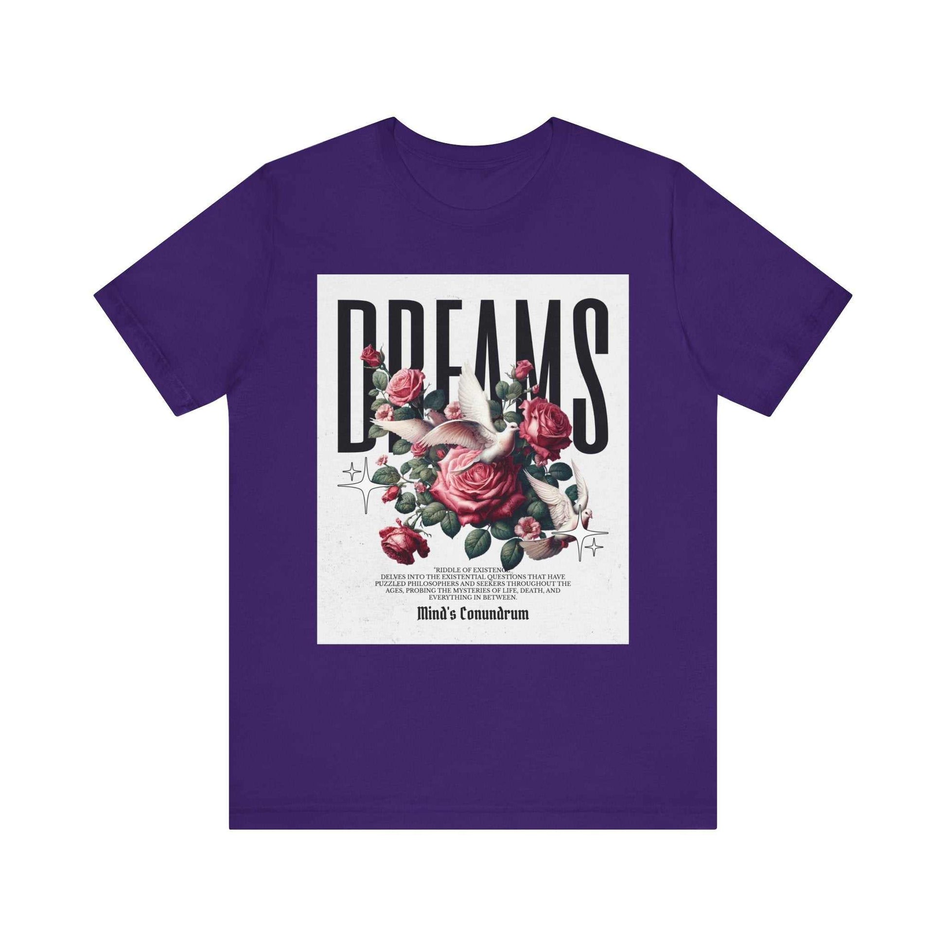 Purple Dreams Floral Tee with rose and bird graphic and bold typography design