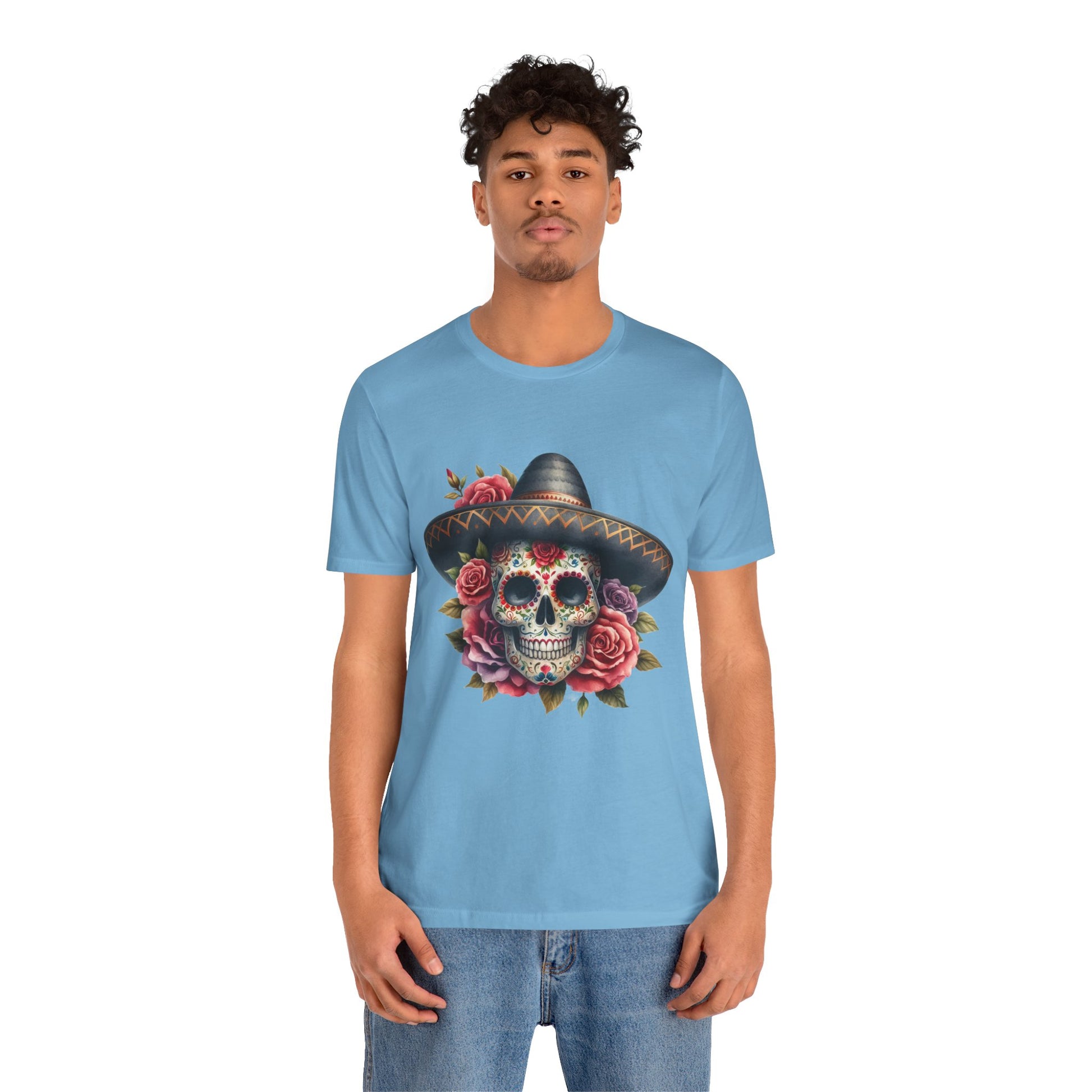 Colorful tee featuring a sugar skull in sombrero and roses for vibrant fiesta vibes