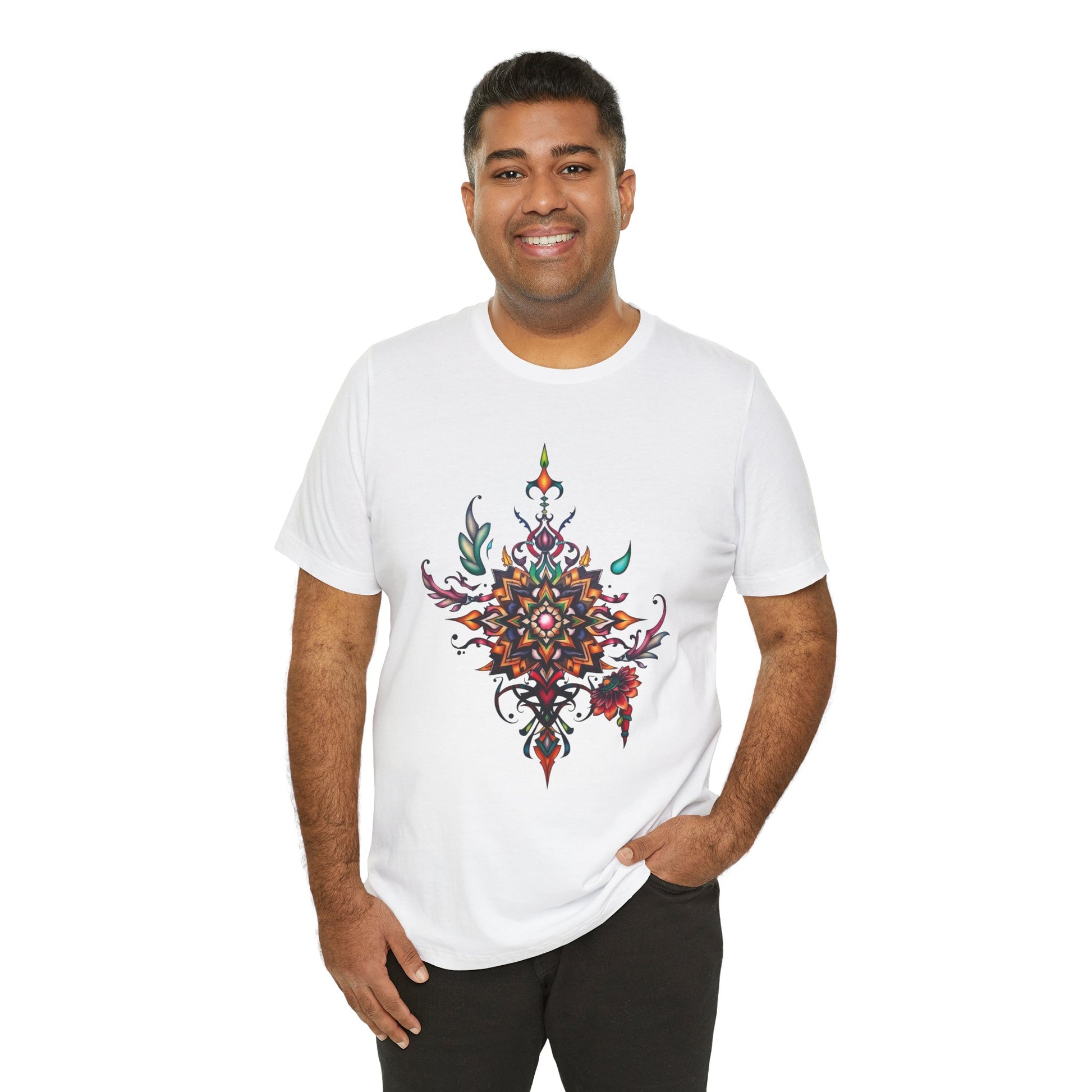 Colorful tee with an ornate mandala and floral design, available in vibrant color options