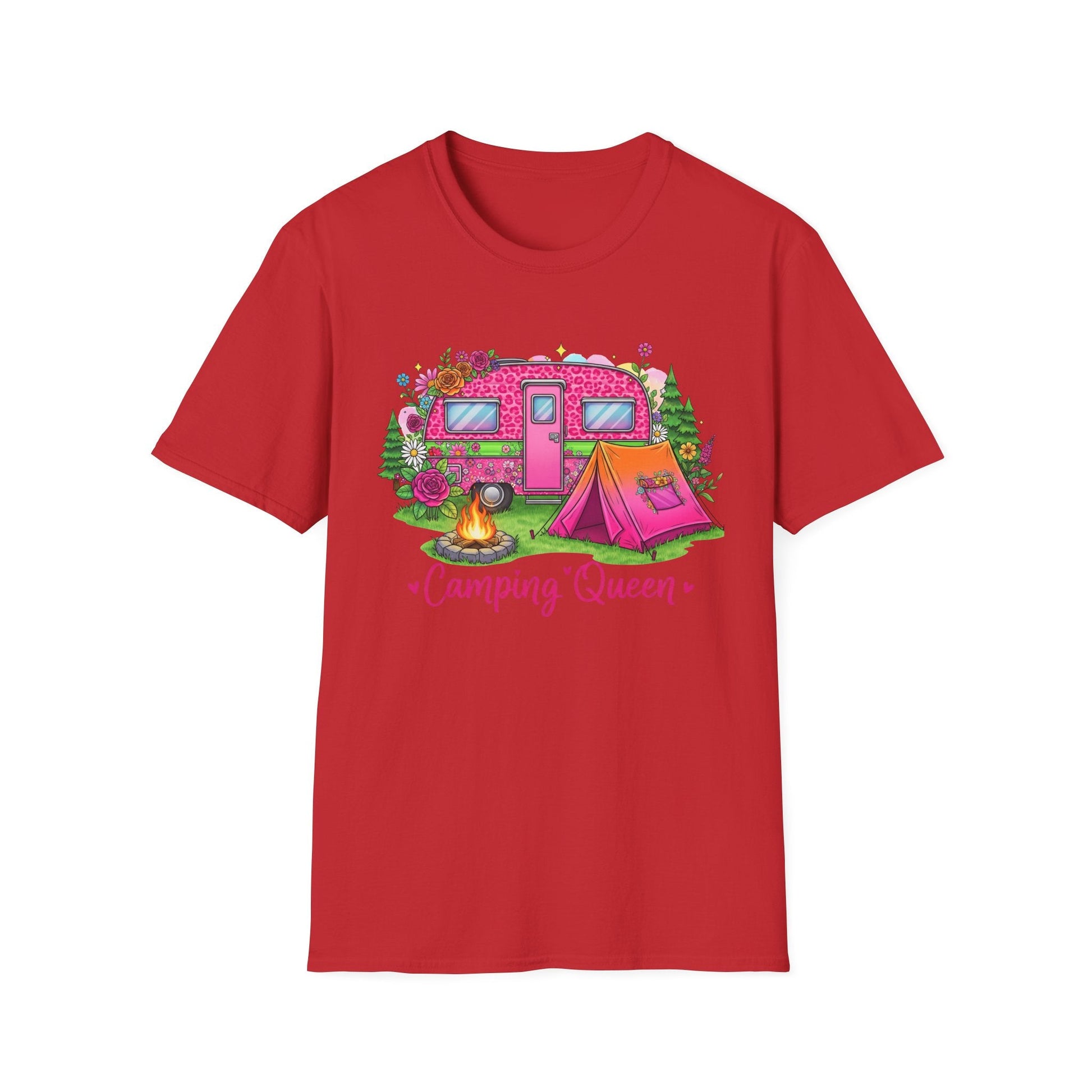 Red Camping Queen T-Shirt with pink camper, tent, campfire, and floral design on front