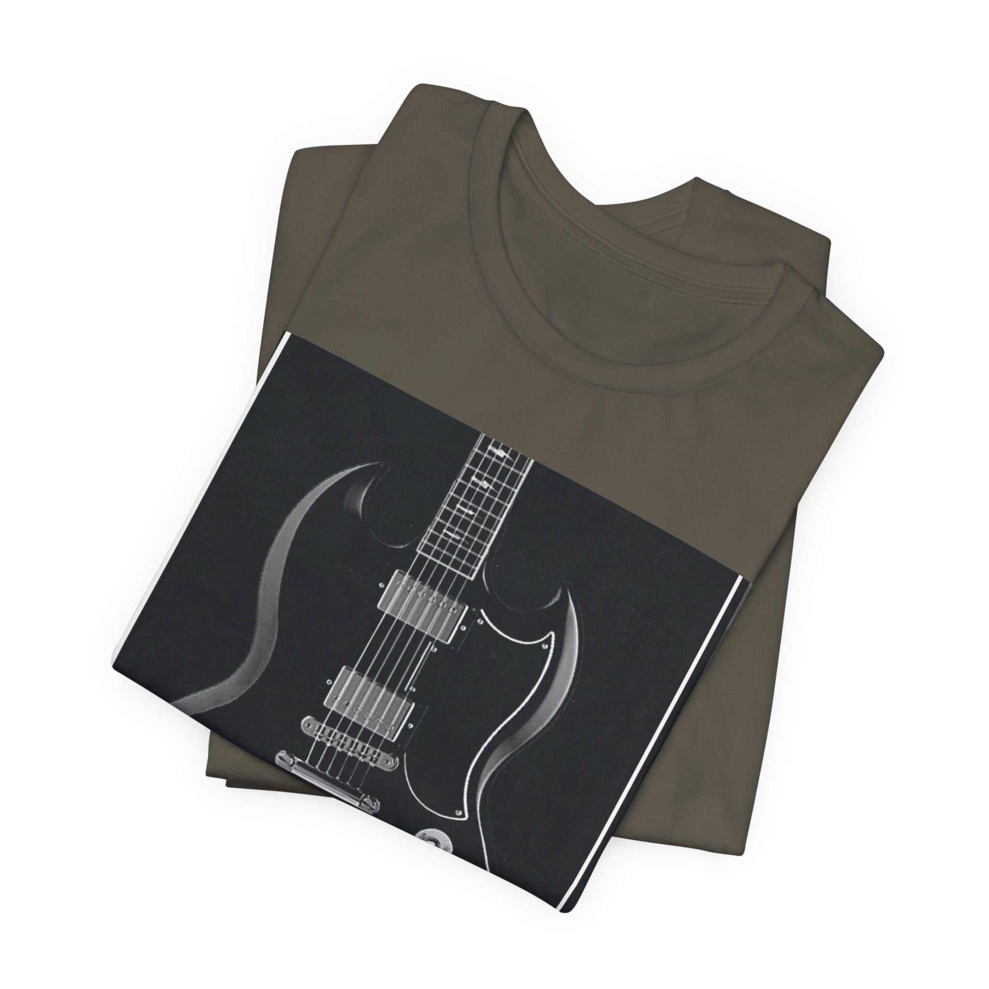 Folded unisex crew neck t-shirt with black and white rock guitar graphic print on front