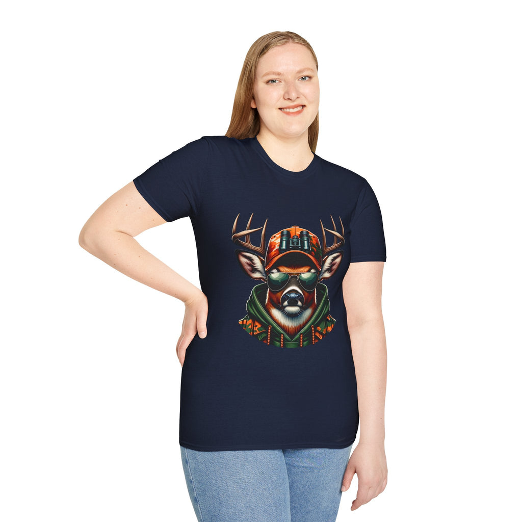 Woman wearing navy blue Hunting Enthusiast T-Shirt with graphic of deer in sunglasses and hunting cap