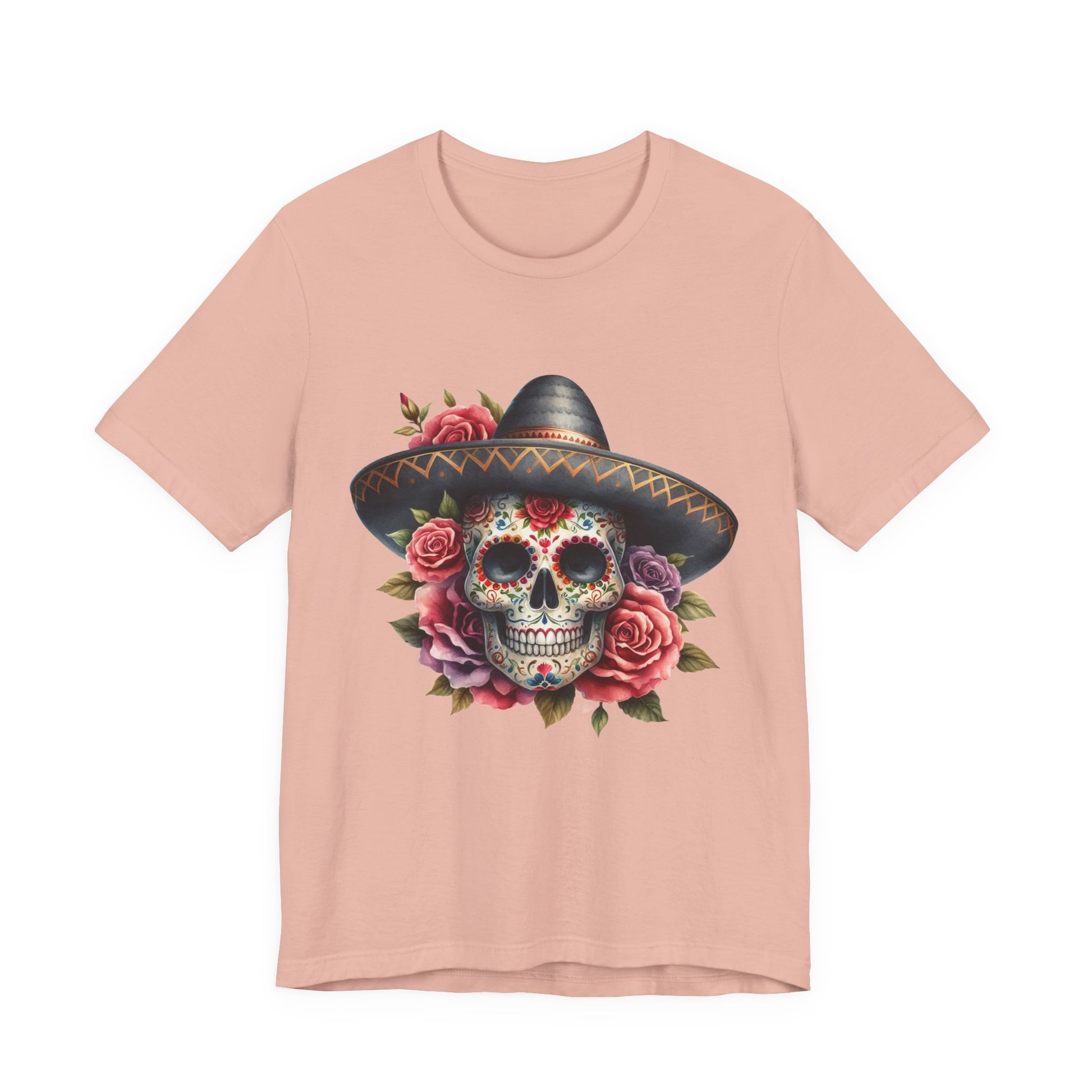 Colorful tee featuring a sugar skull in sombrero and roses for vibrant fiesta vibes