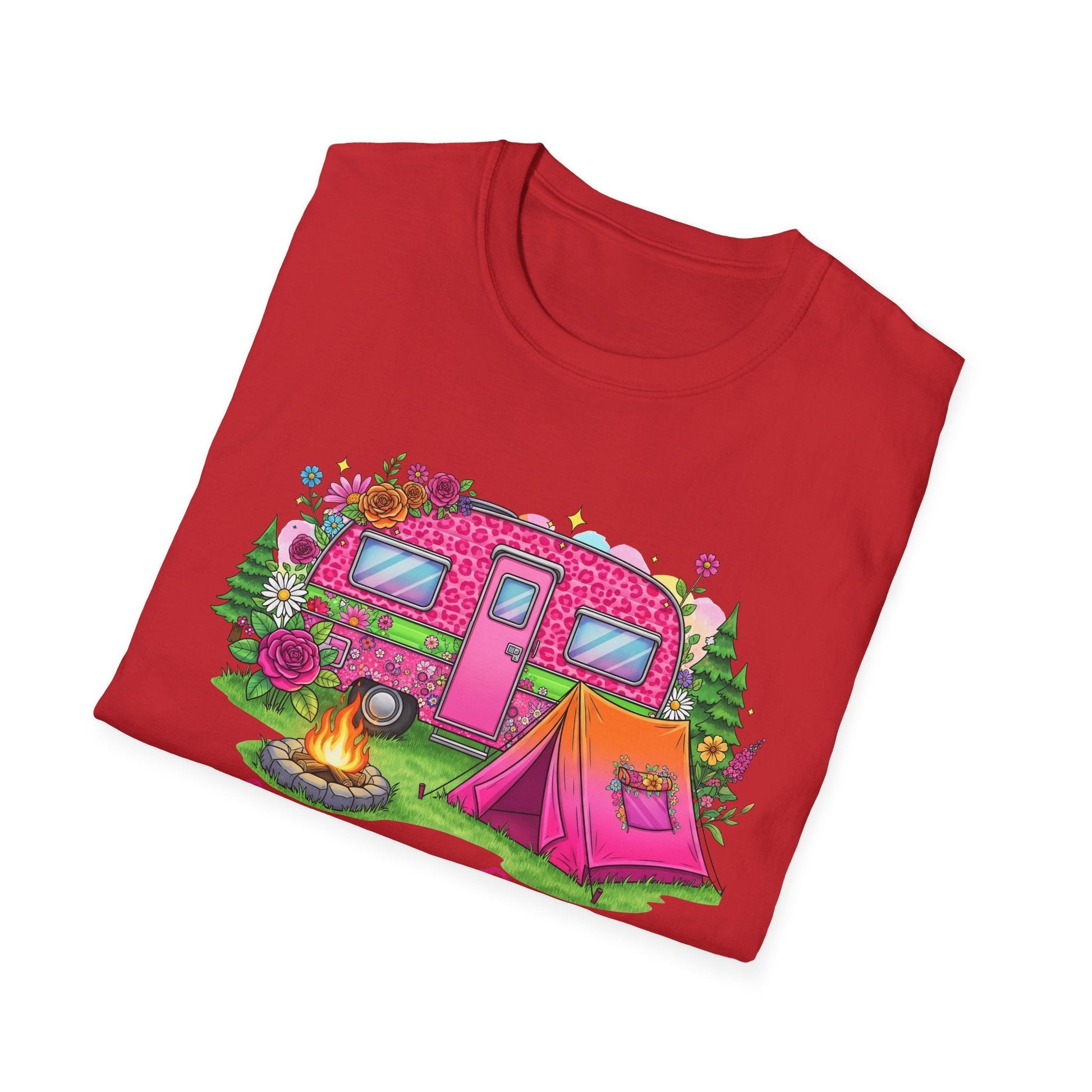 Red Camping Queen T-Shirt with colorful camper, pink tent, campfire, and floral design
