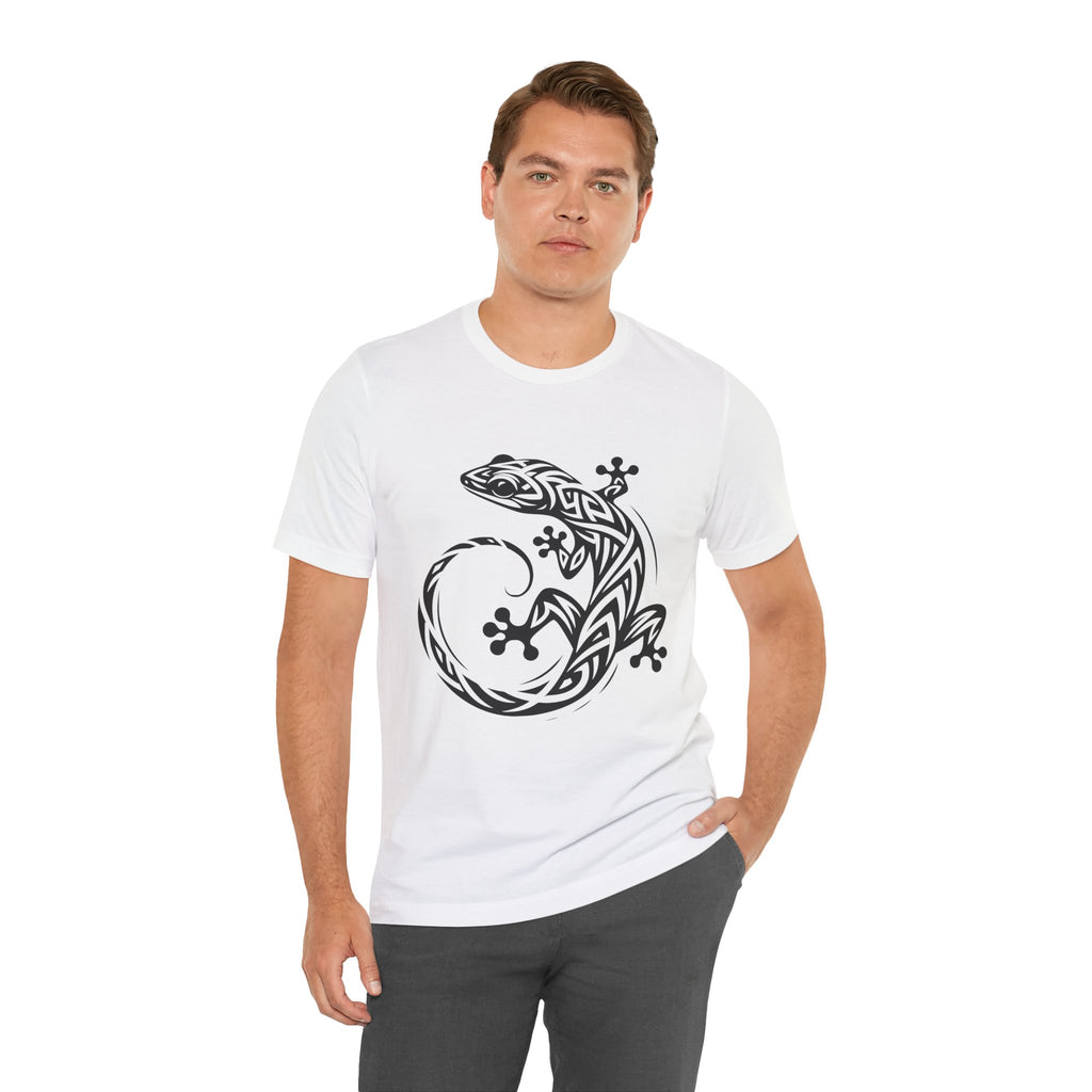 Tribal Gecko Tee – Bold Lizard Tattoo Art on Crisp White T-Shirt