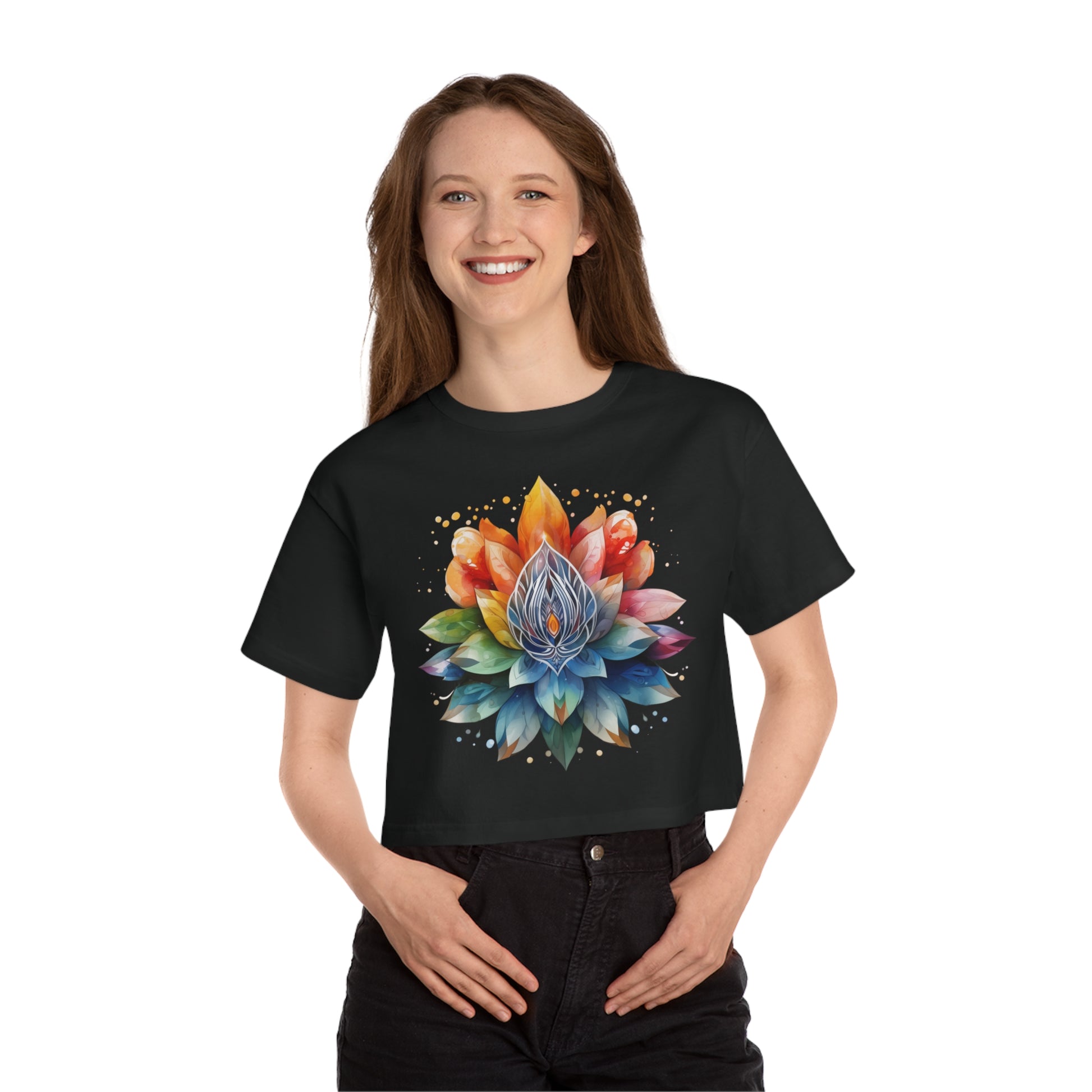 Cropped tee with a radiant rainbow lotus mandala, bursting in vivid, dreamy colors