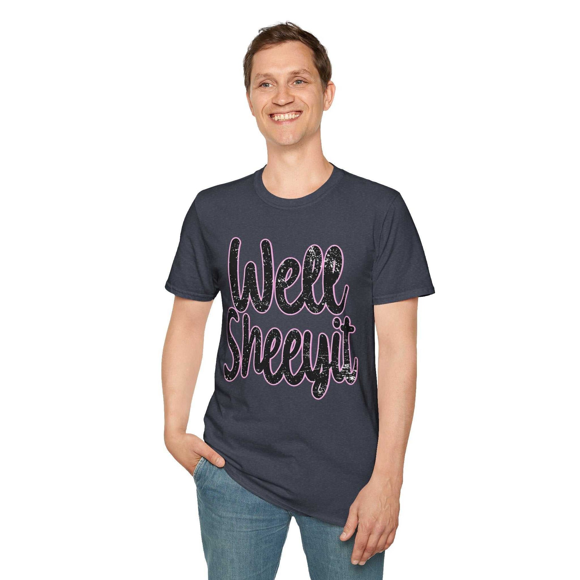 Man wearing a navy casual statement tee with "Well Sheeyit" funny quote printed on the front