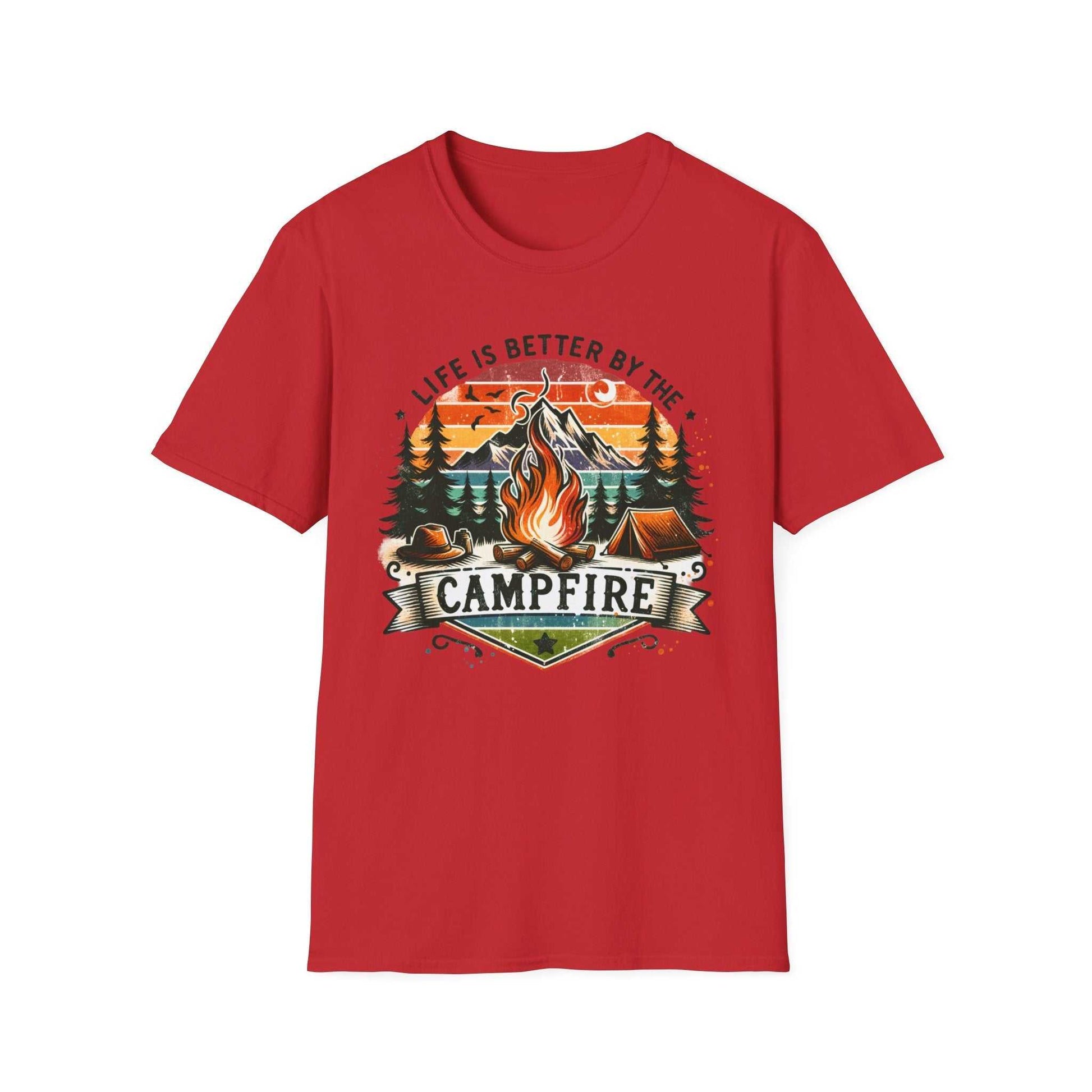 Red unisex Camping Adventure T-shirt with "Life is Better by the Campfire" design featuring a campfire, trees, tents, and outdoor scenery.