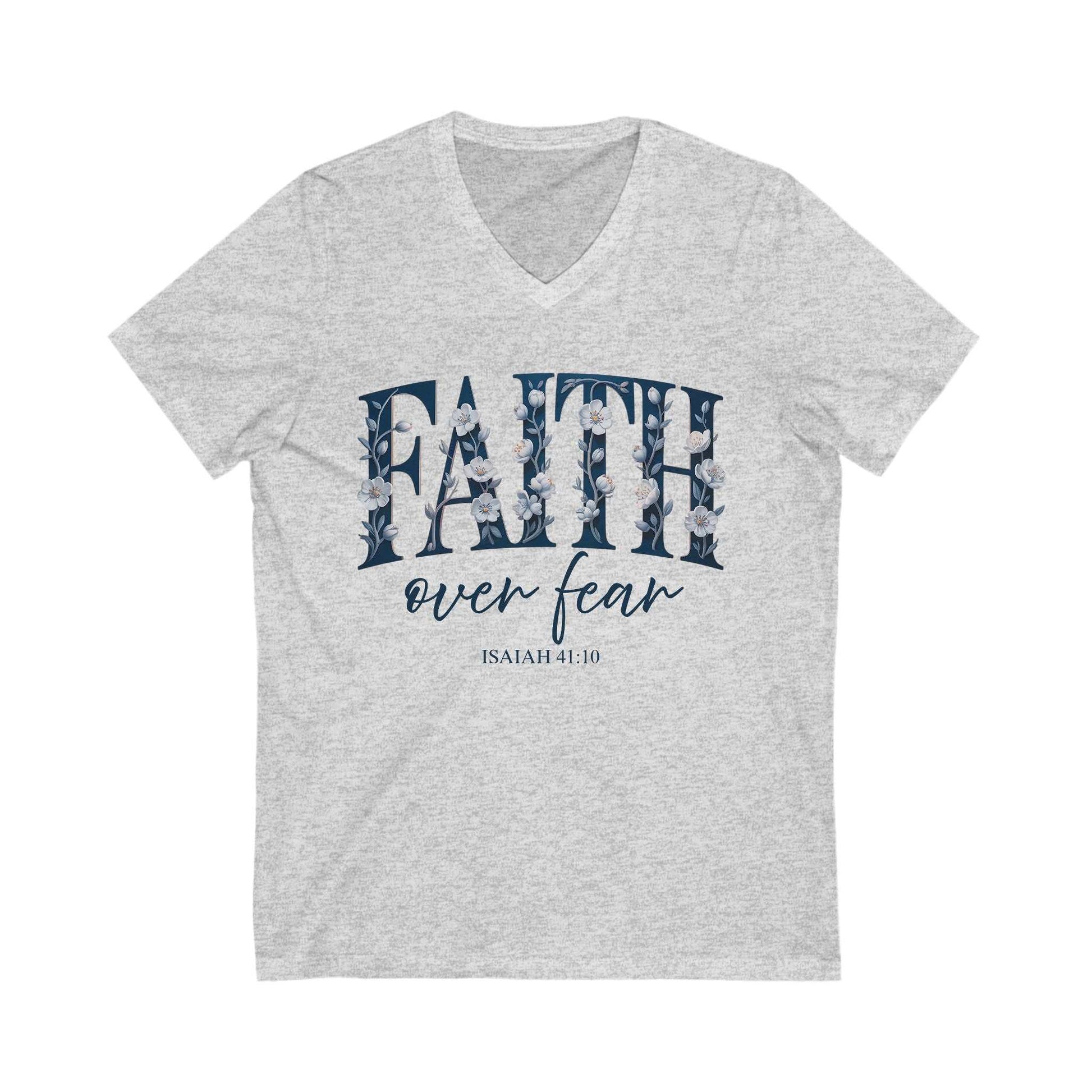 Gray Faith Over Fear V-neck t-shirt with floral design and Isaiah 41:10 scripture text