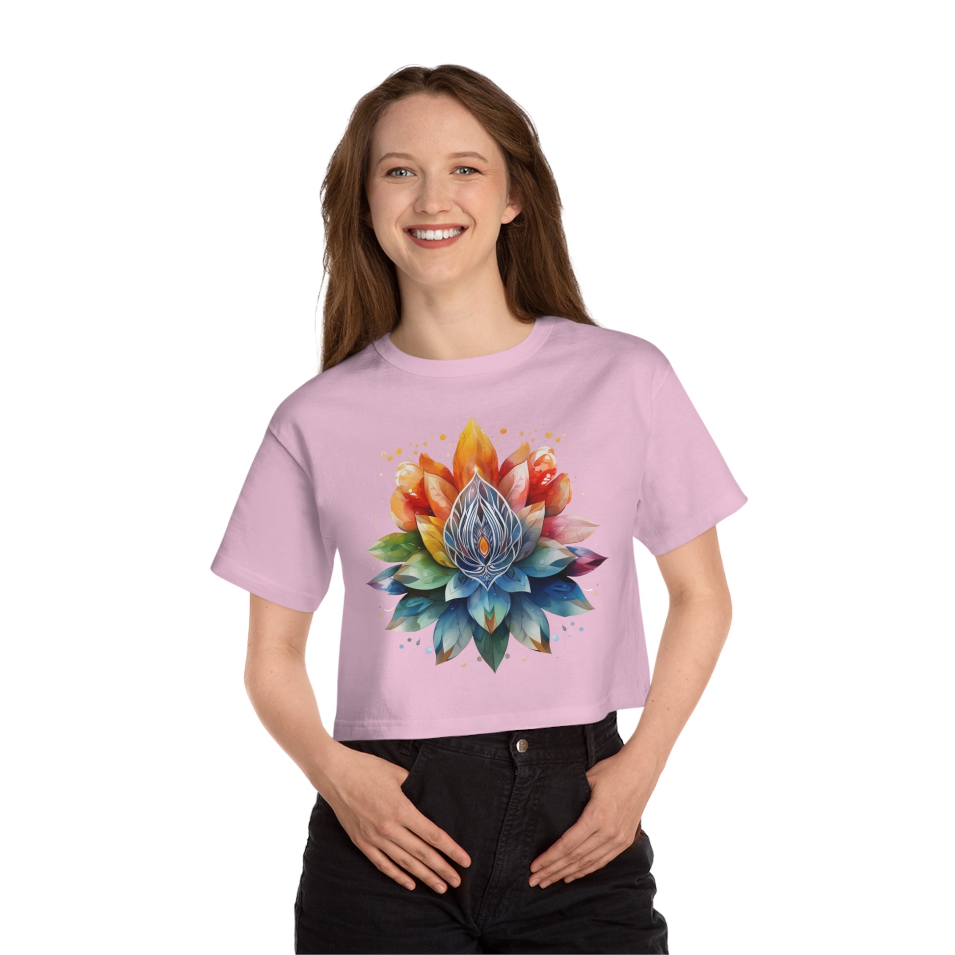 Cropped tee with a radiant rainbow lotus mandala, bursting in vivid, dreamy colors