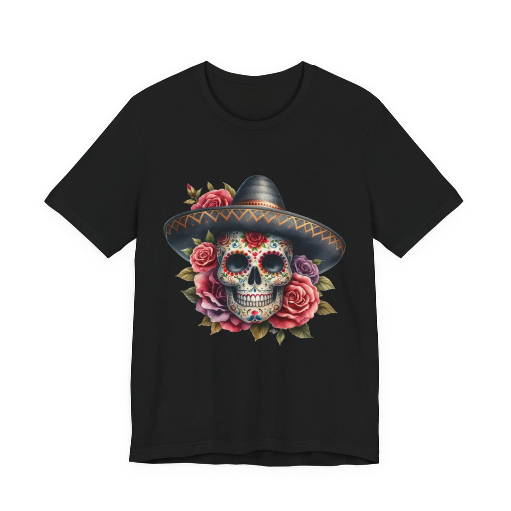 Colorful tee featuring a sugar skull in sombrero and roses for vibrant fiesta vibes