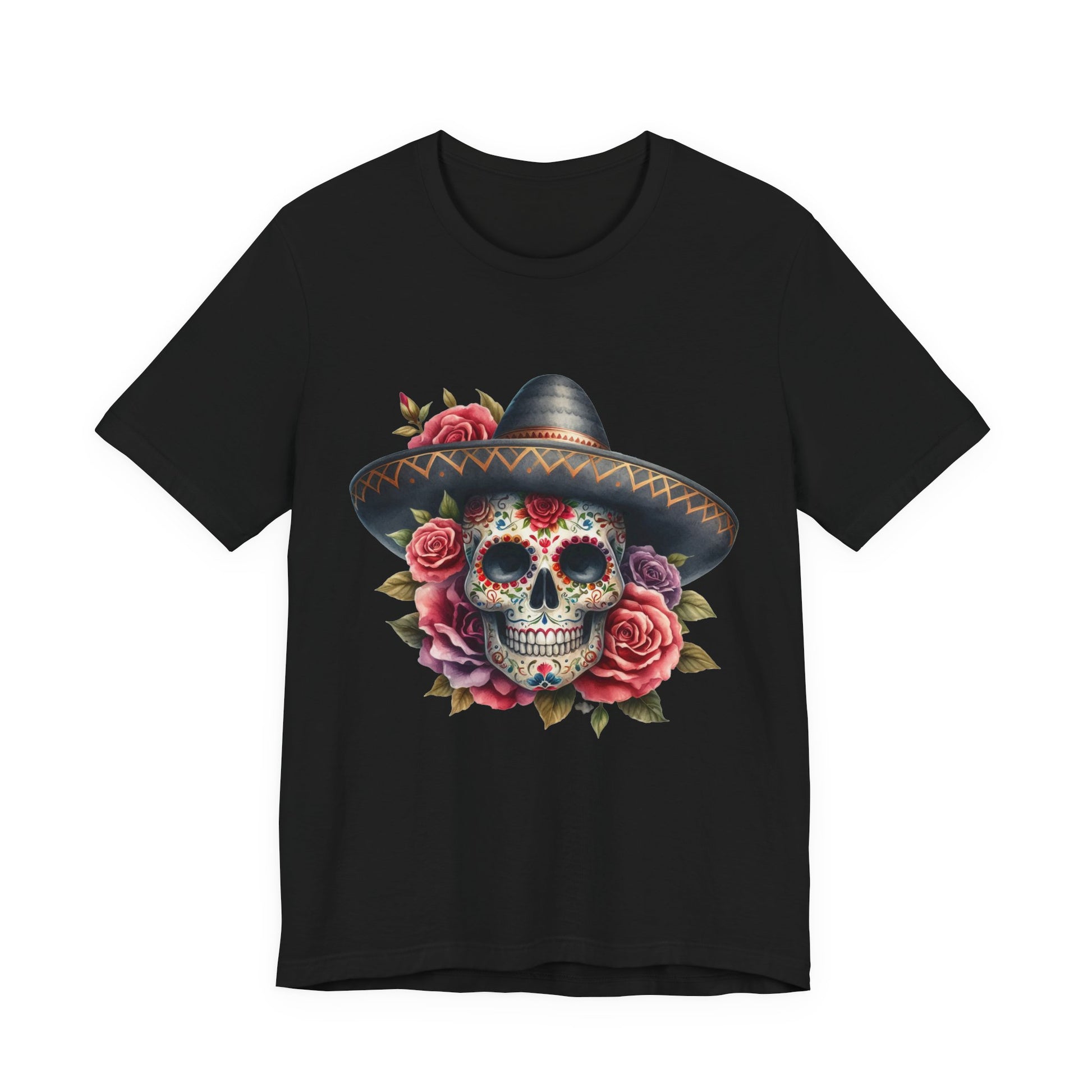 Colorful tee featuring a sugar skull in sombrero and roses for vibrant fiesta vibes
