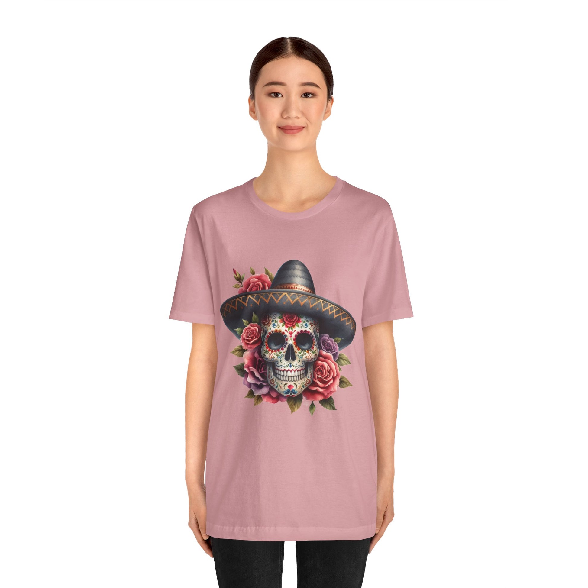 Colorful tee featuring a sugar skull in sombrero and roses for vibrant fiesta vibes