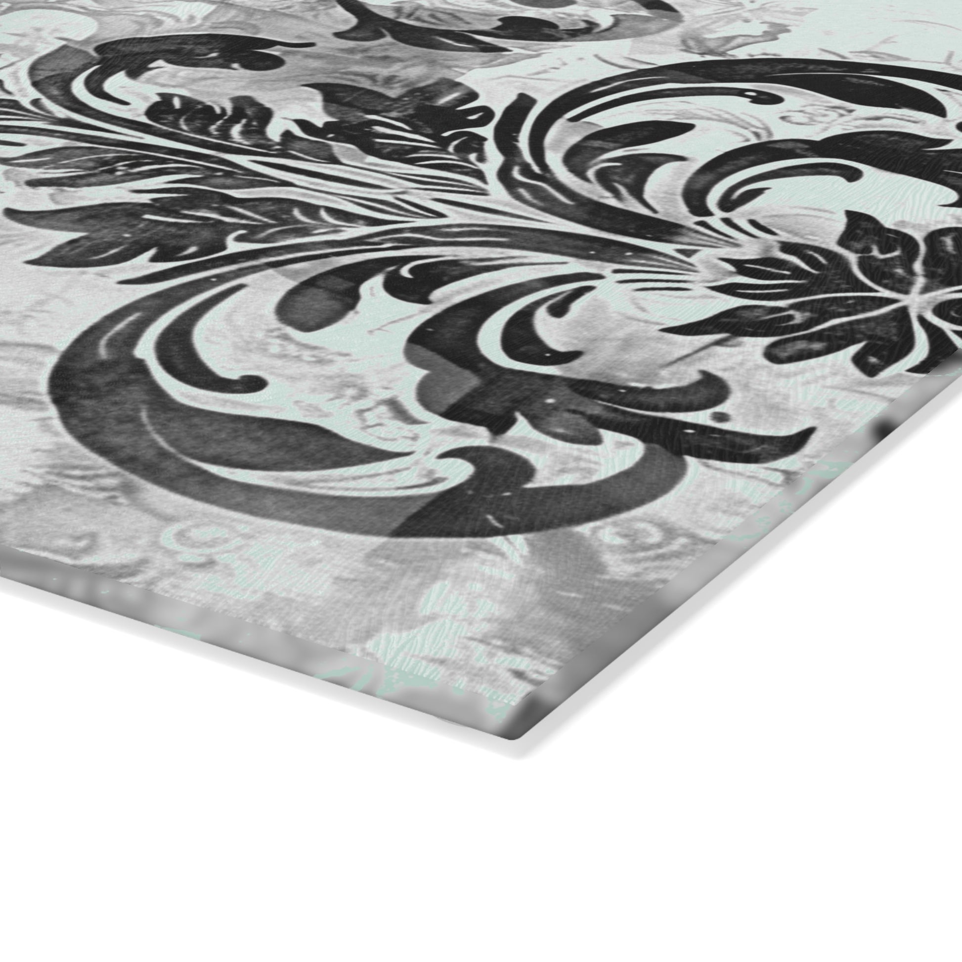 Mint and Gray Baroque Glass Cutting Board with Black Flourish Pattern