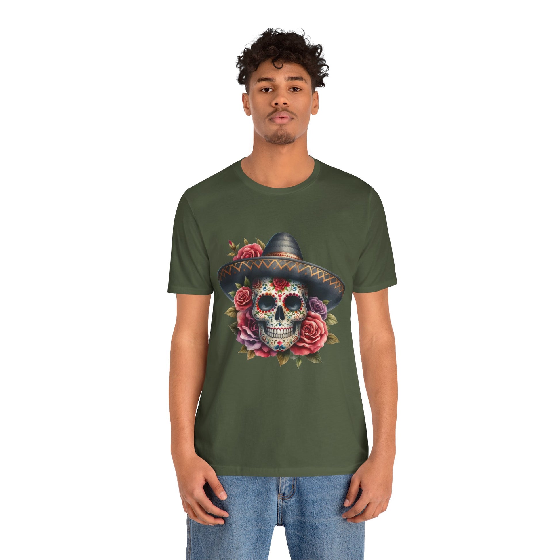 Colorful tee featuring a sugar skull in sombrero and roses for vibrant fiesta vibes