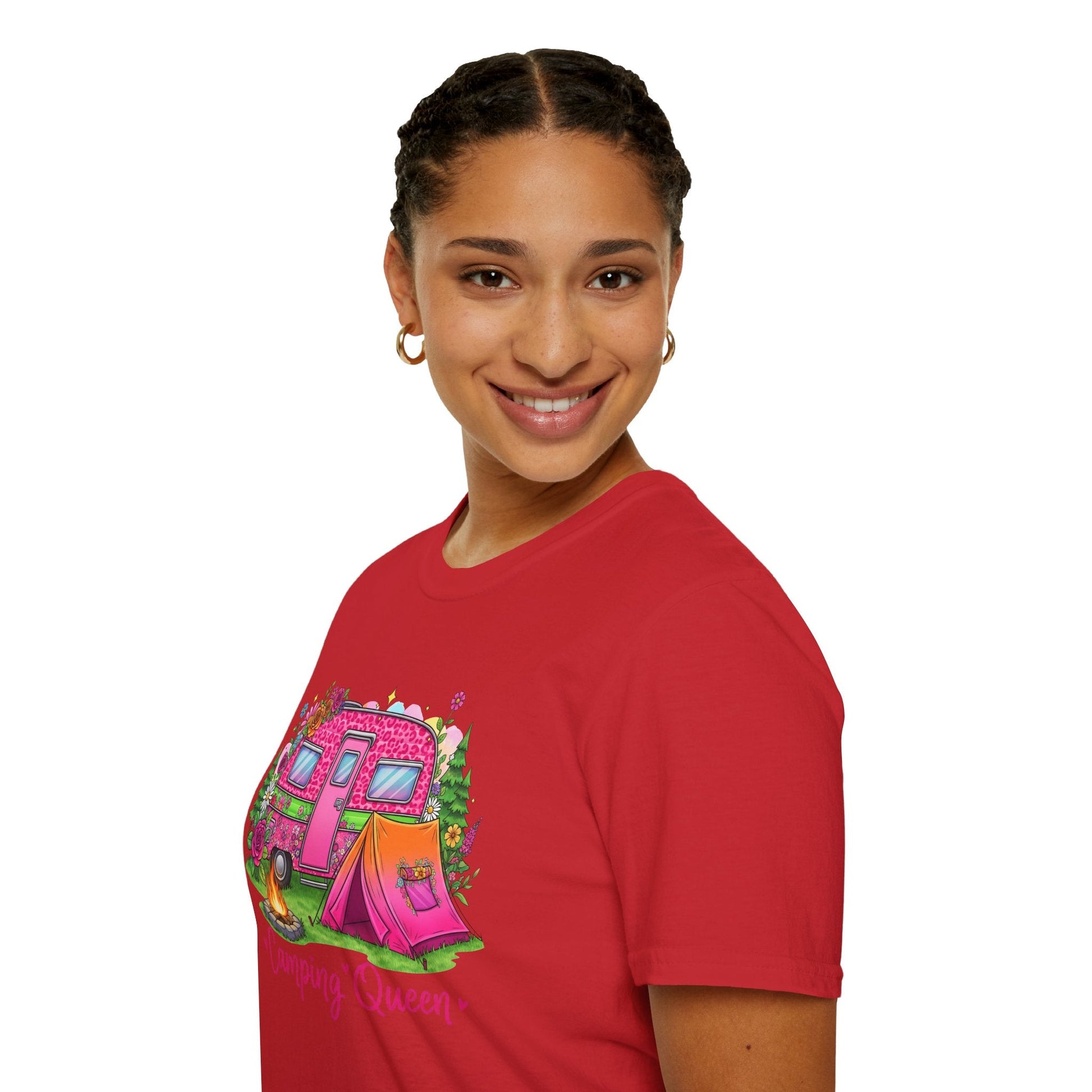Woman wearing red Camping Queen T-Shirt with colorful camping design on front