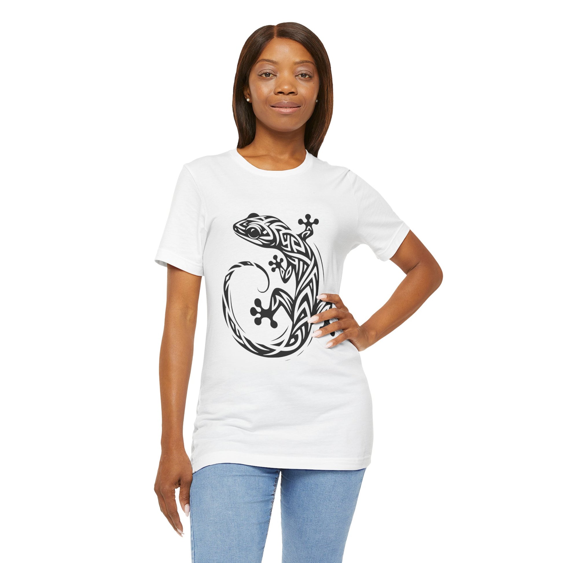 Tribal Gecko Tee – Bold Lizard Tattoo Art on Crisp White T-Shirt