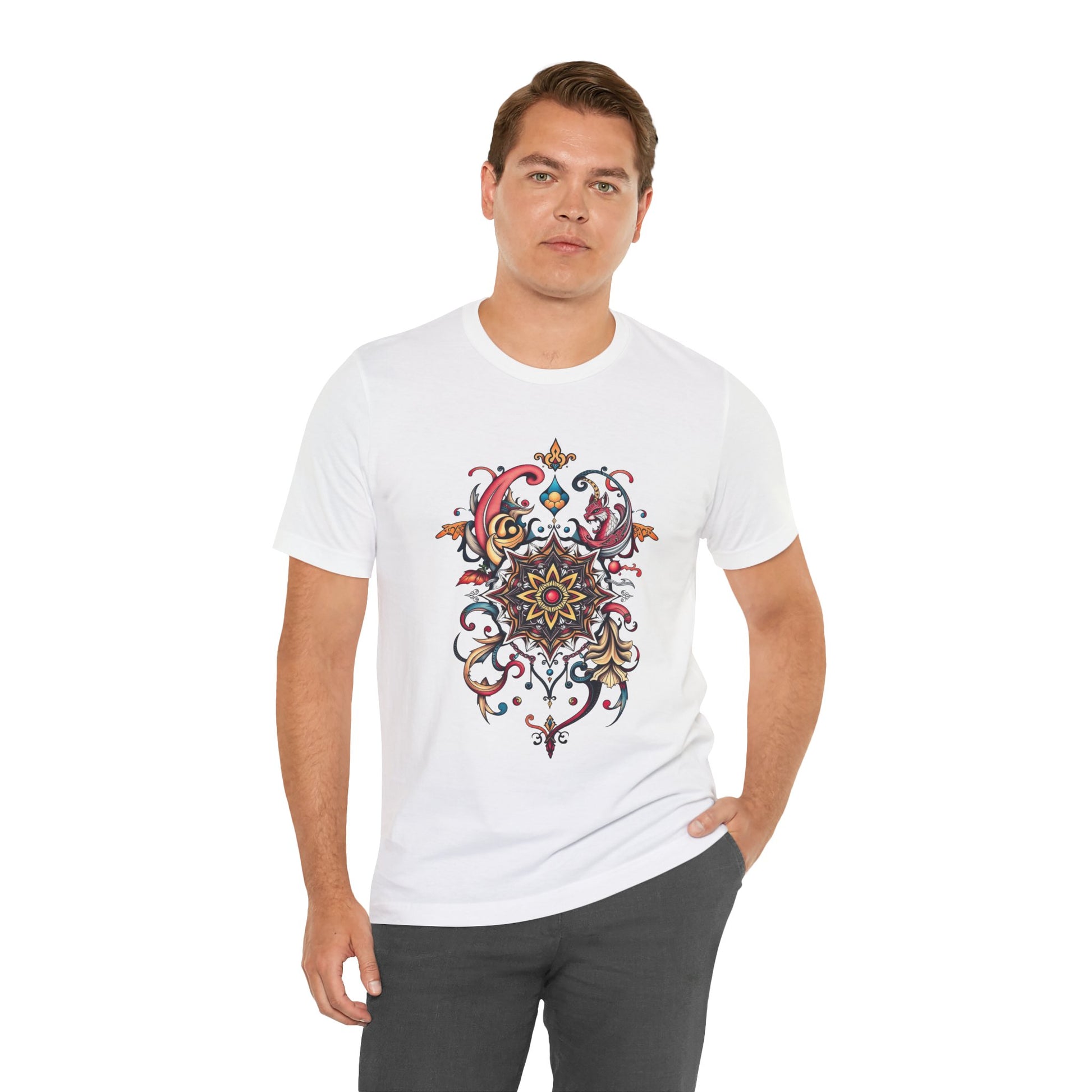 Vibrant tee with swirling mandala in reds, golds, and teal, available in many colors