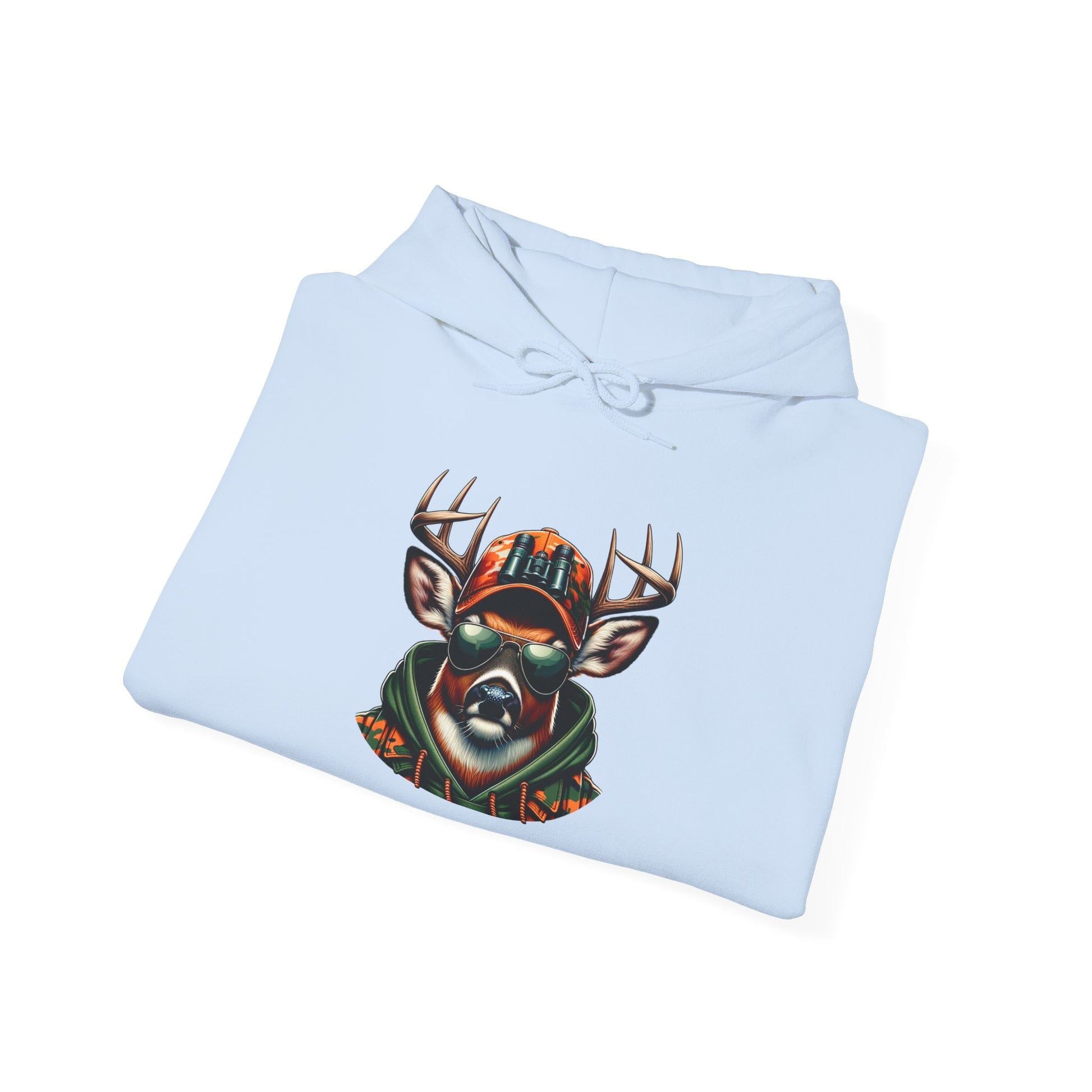 Light blue hooded sweatshirt featuring a bold deer wearing sunglasses and an orange cap design
