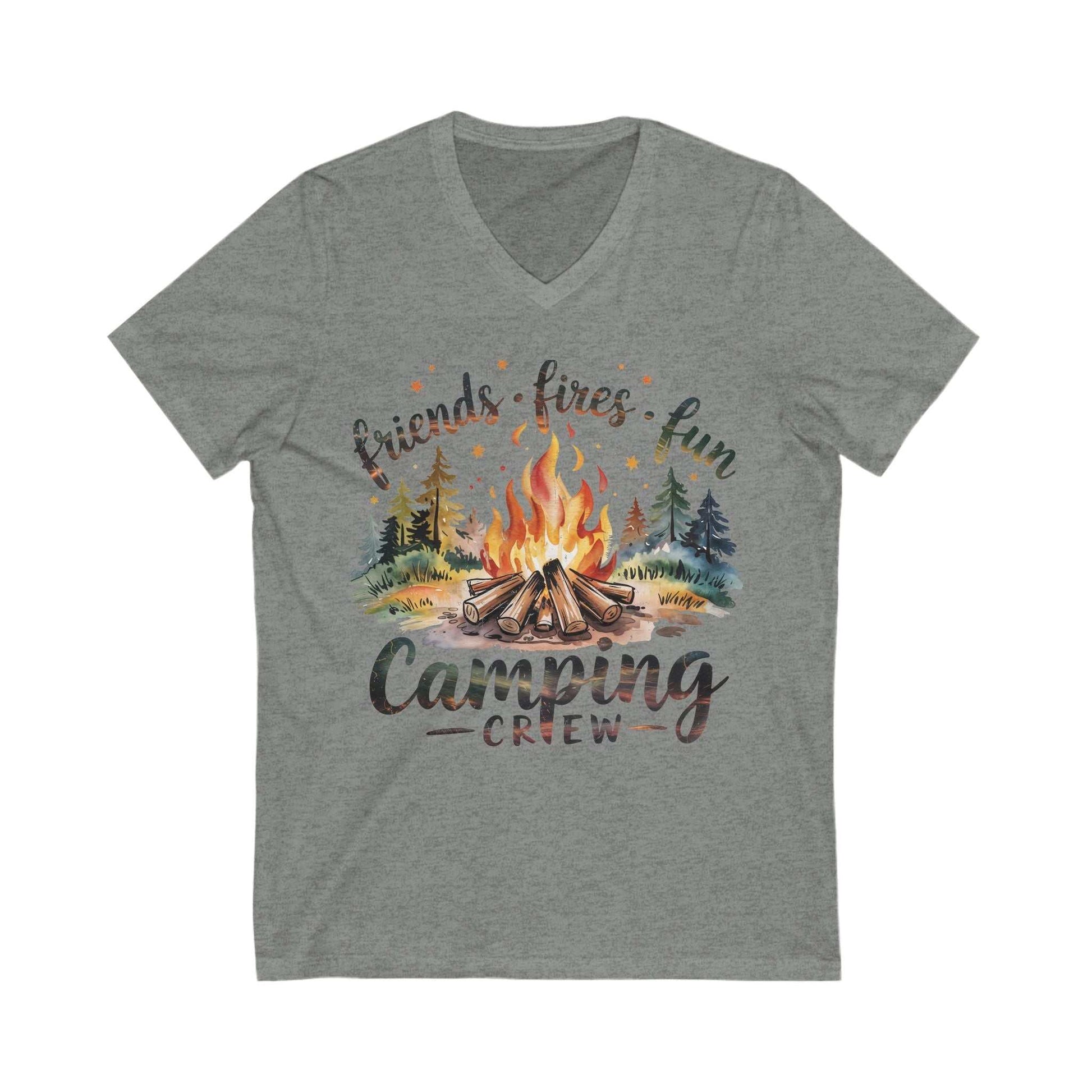 Unisex grey jersey short sleeve V-neck tee with colorful camping crew bonfire graphic design