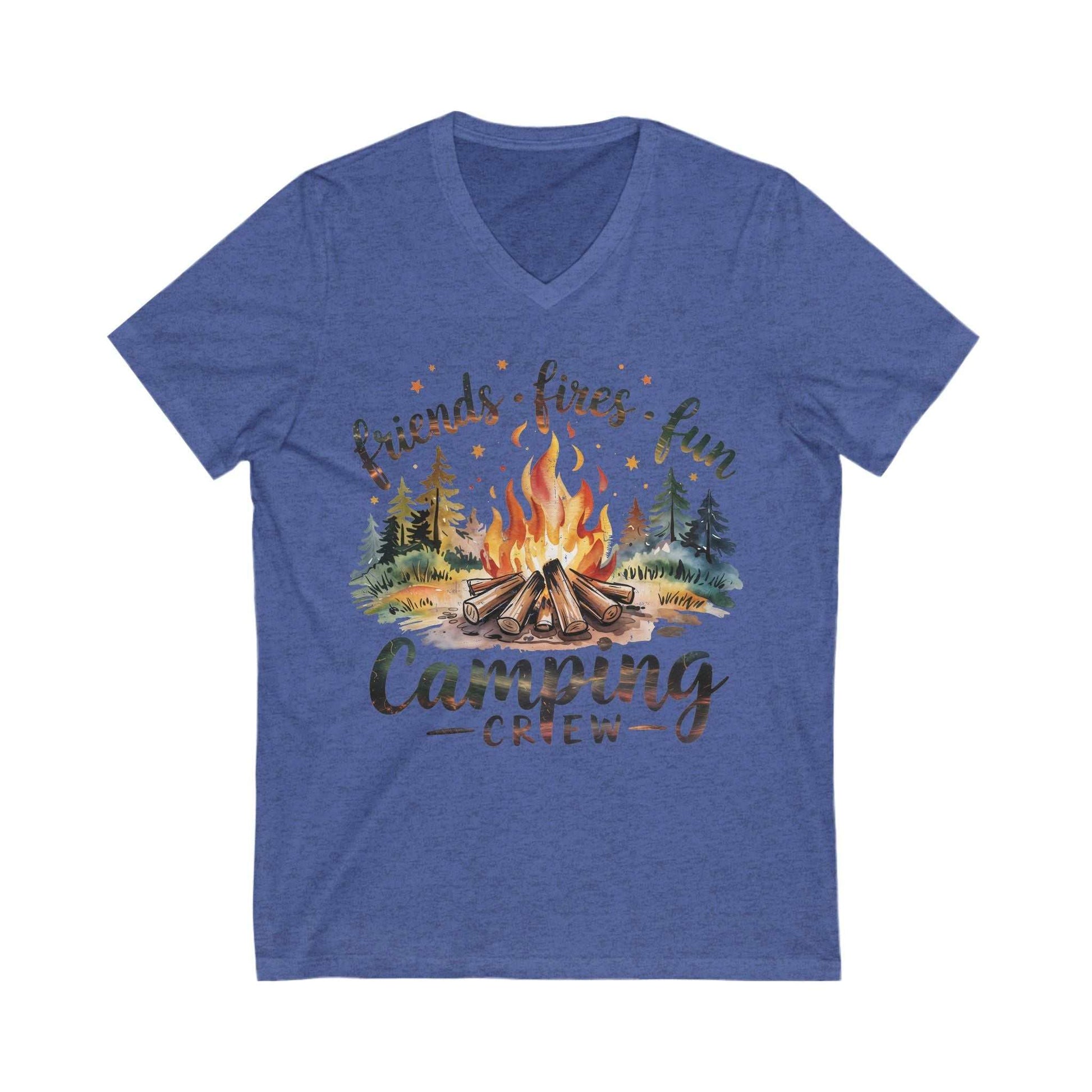 Blue unisex jersey short sleeve V-neck tee with camping crew campfire graphic and text.