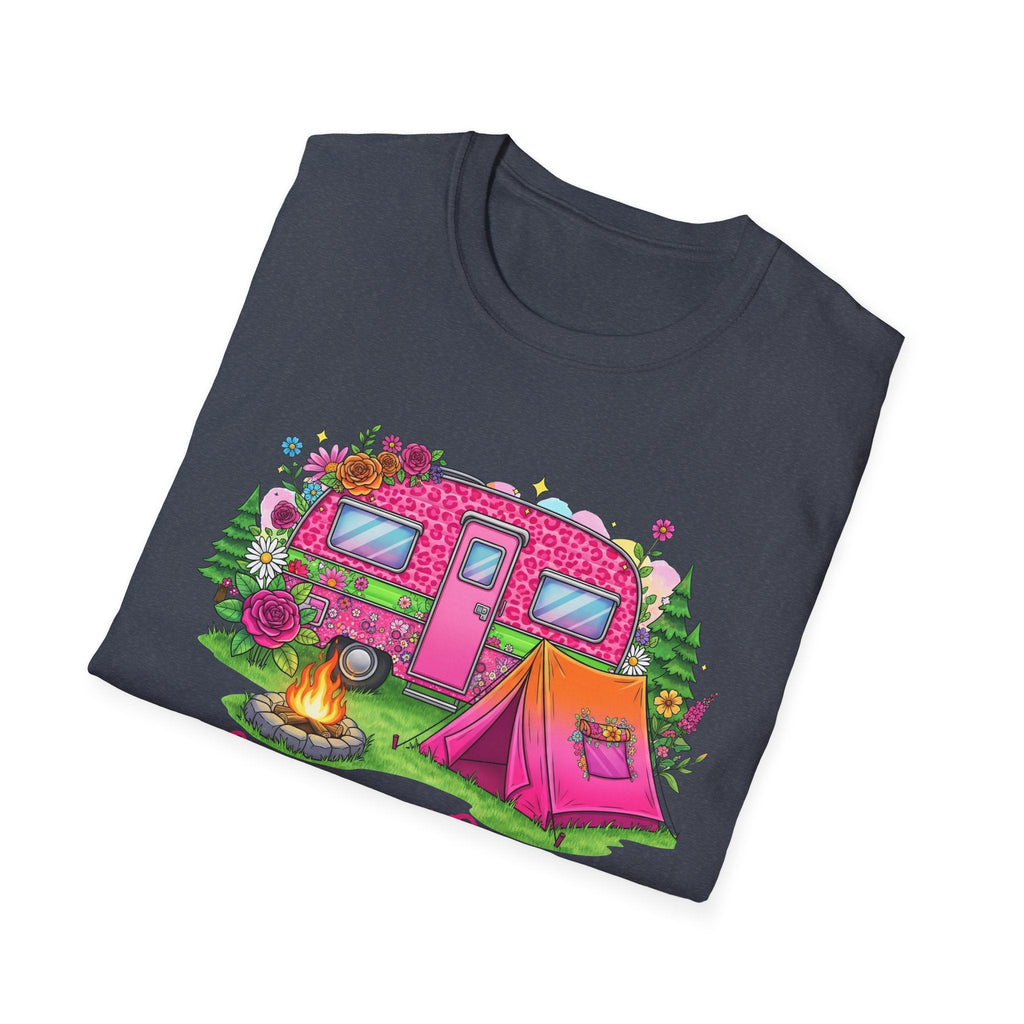 Folded dark gray Camping Queen T-Shirt with colorful pink camper, tent, and campfire design surrounded by flowers and greenery