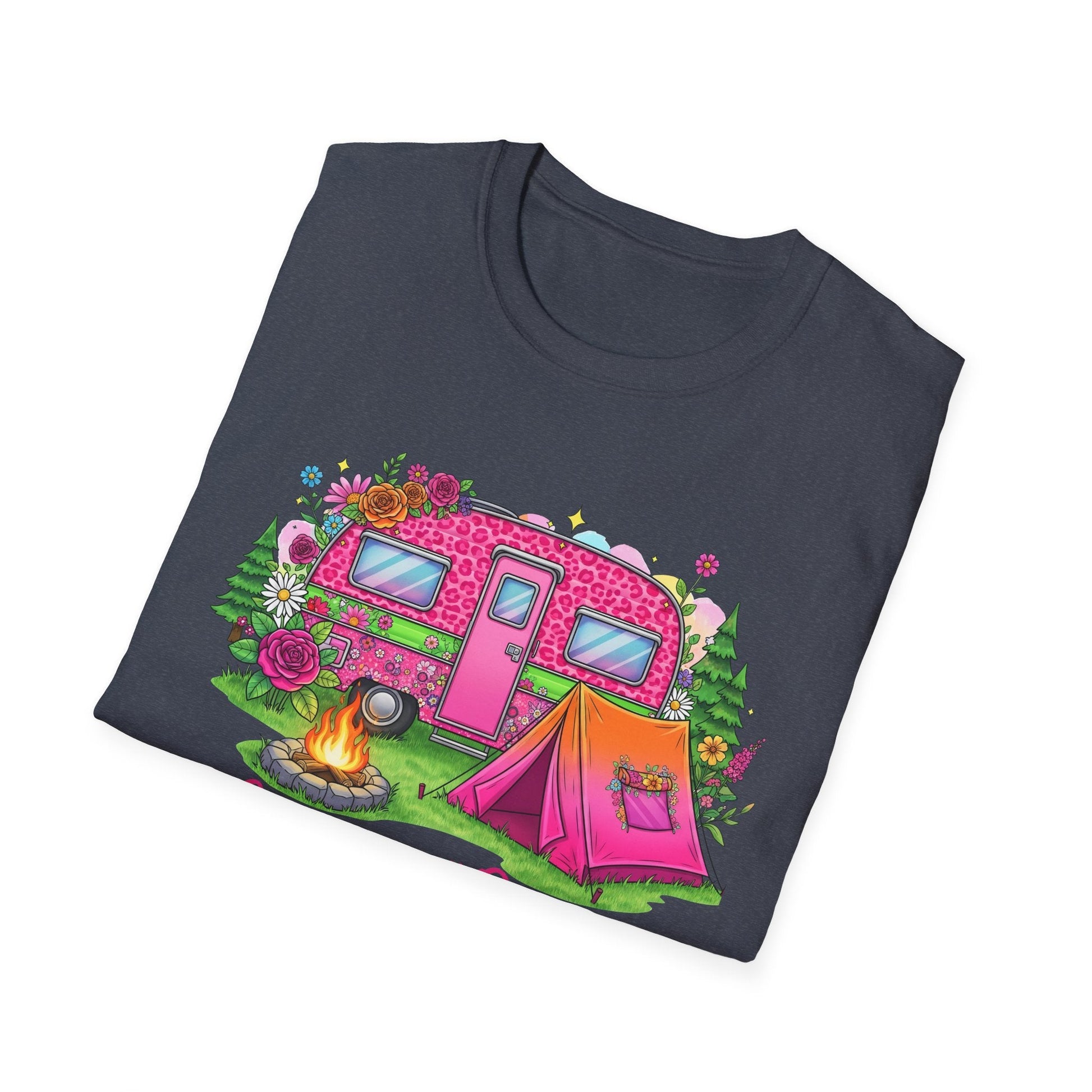 Folded dark gray Camping Queen T-Shirt with colorful pink camper, tent, and campfire design surrounded by flowers and greenery