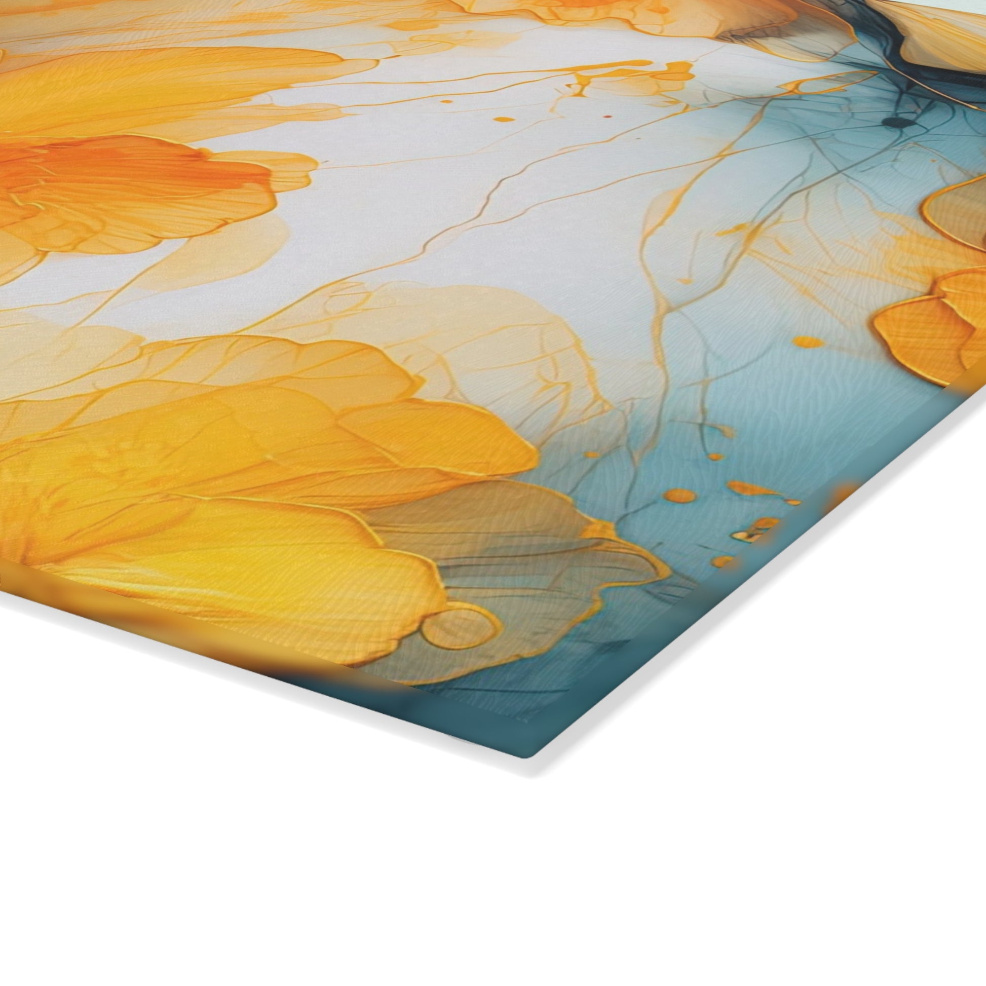 Vibrant Yellow Floral Glass Cutting Board with Blue Accents
