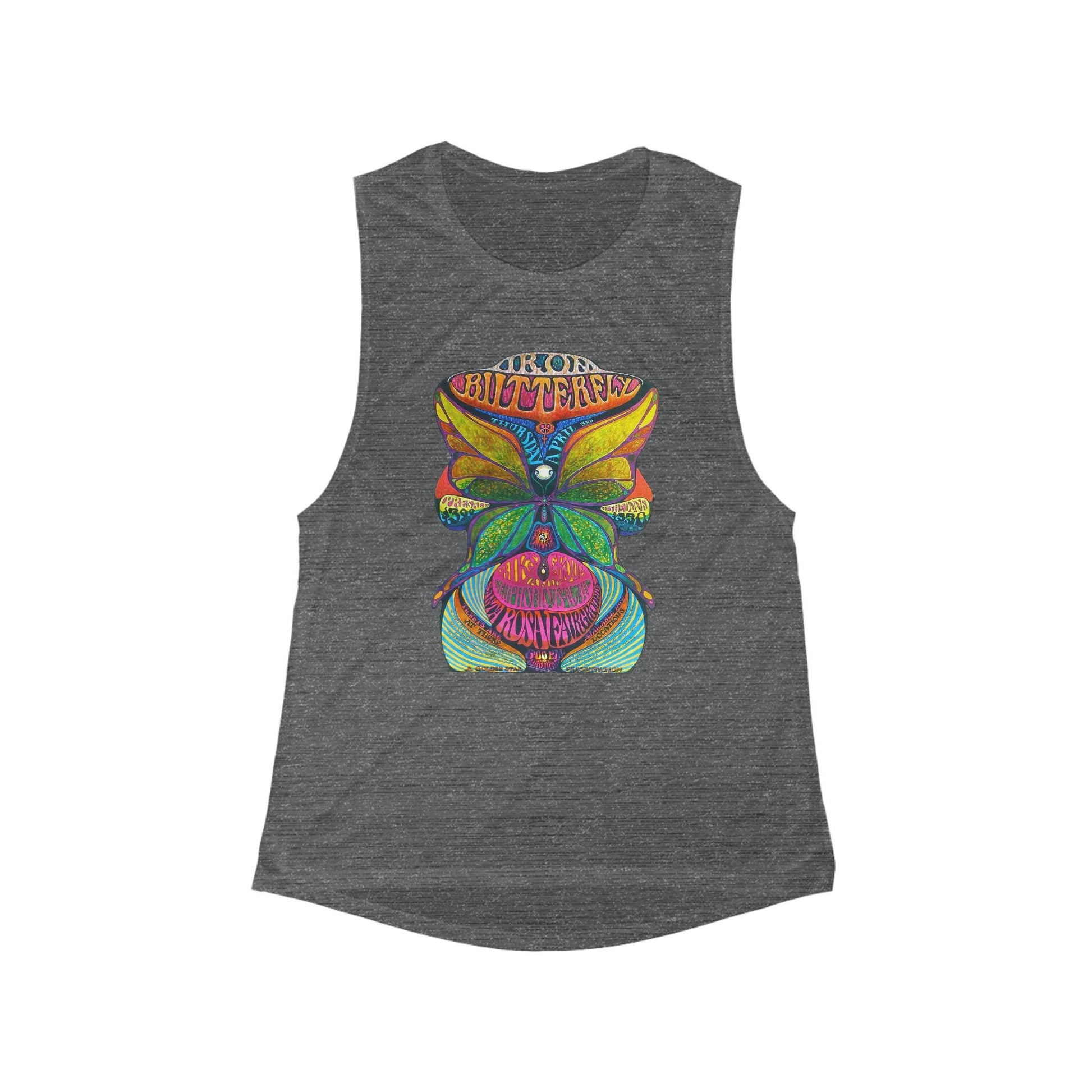 Muscle tank with a vivid psychedelic butterfly graphic for bold retro vibes