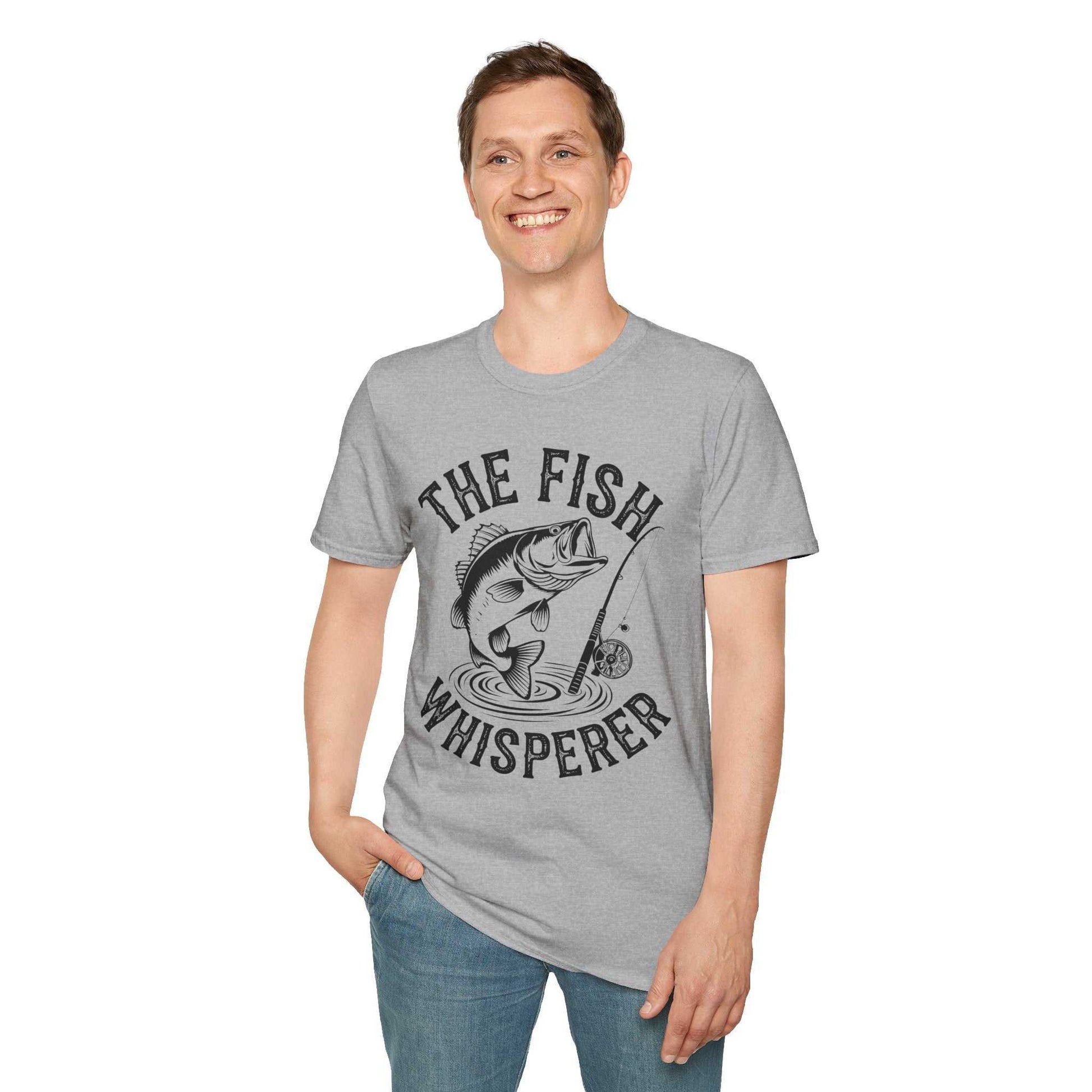 Unisex grey softstyle t-shirt with "The Fish Whisperer" fishing graphic and classic fit